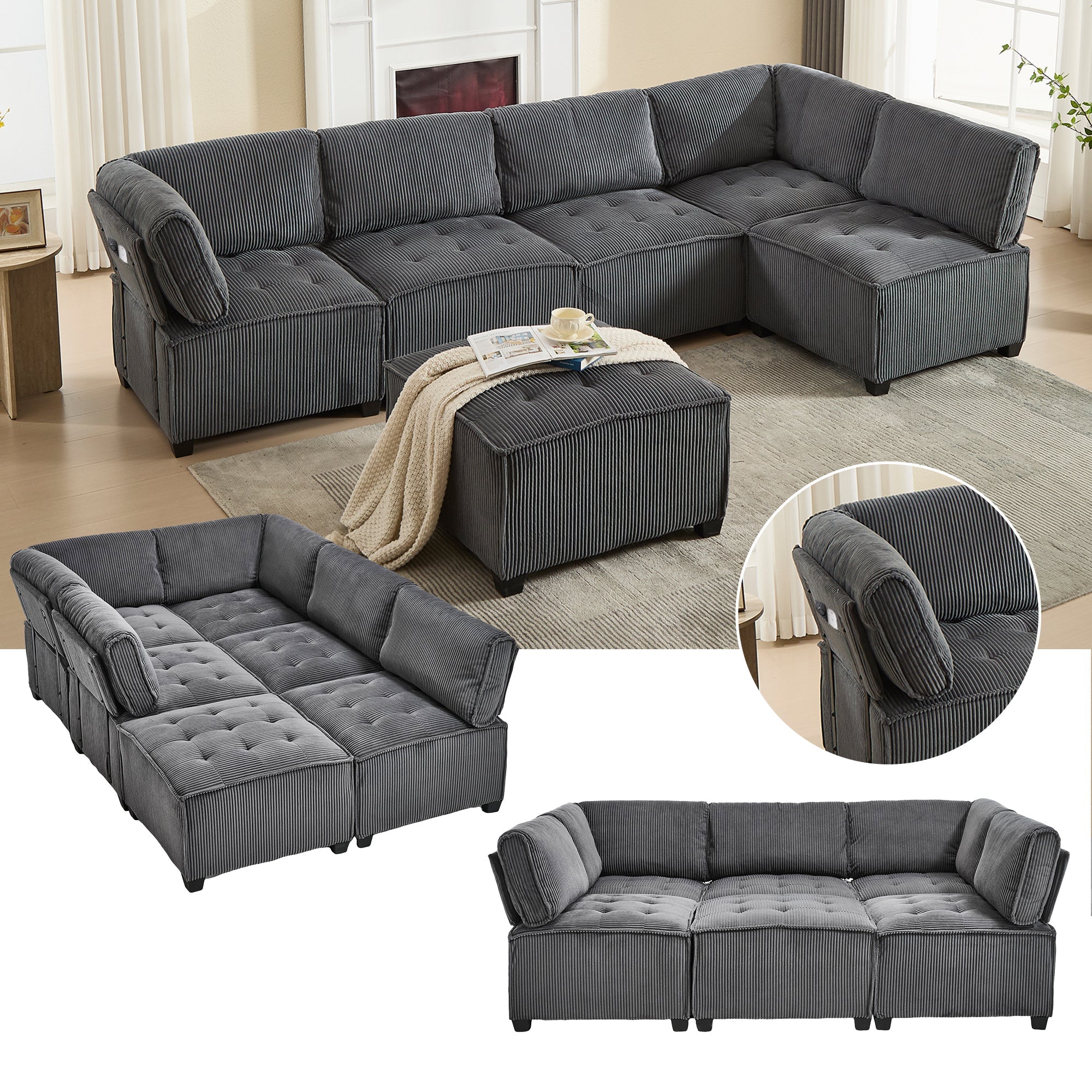Modular Sofa 6-Seater Convertible U/L-Shape Sleeper Storage Pockets Corduroy Grey