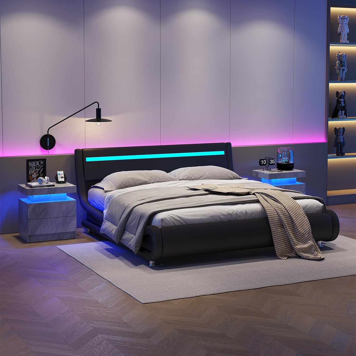 Nightstand LED Bedside Table Cabinet Lights Modern End Side with 2 Drawers for Bedroom (Gray)