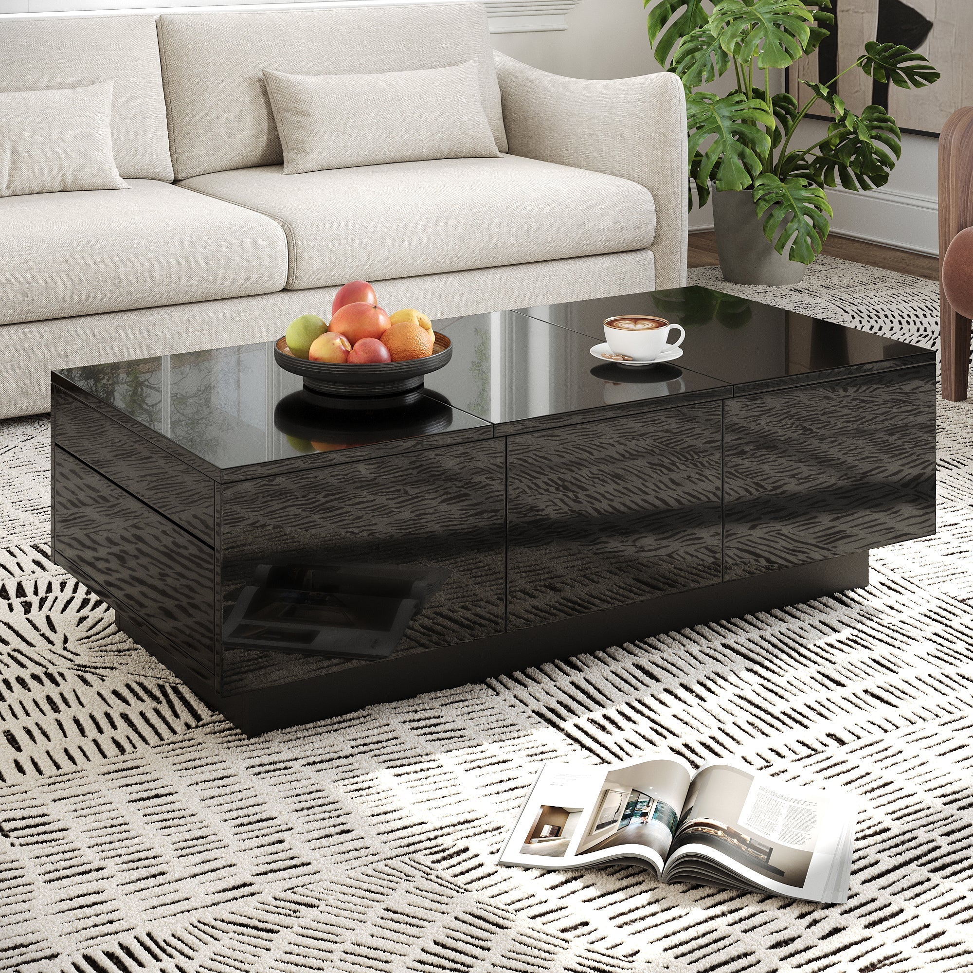 Coffee Table Modern Rectangular High-Gloss with Drawers Sliding Compartment Black