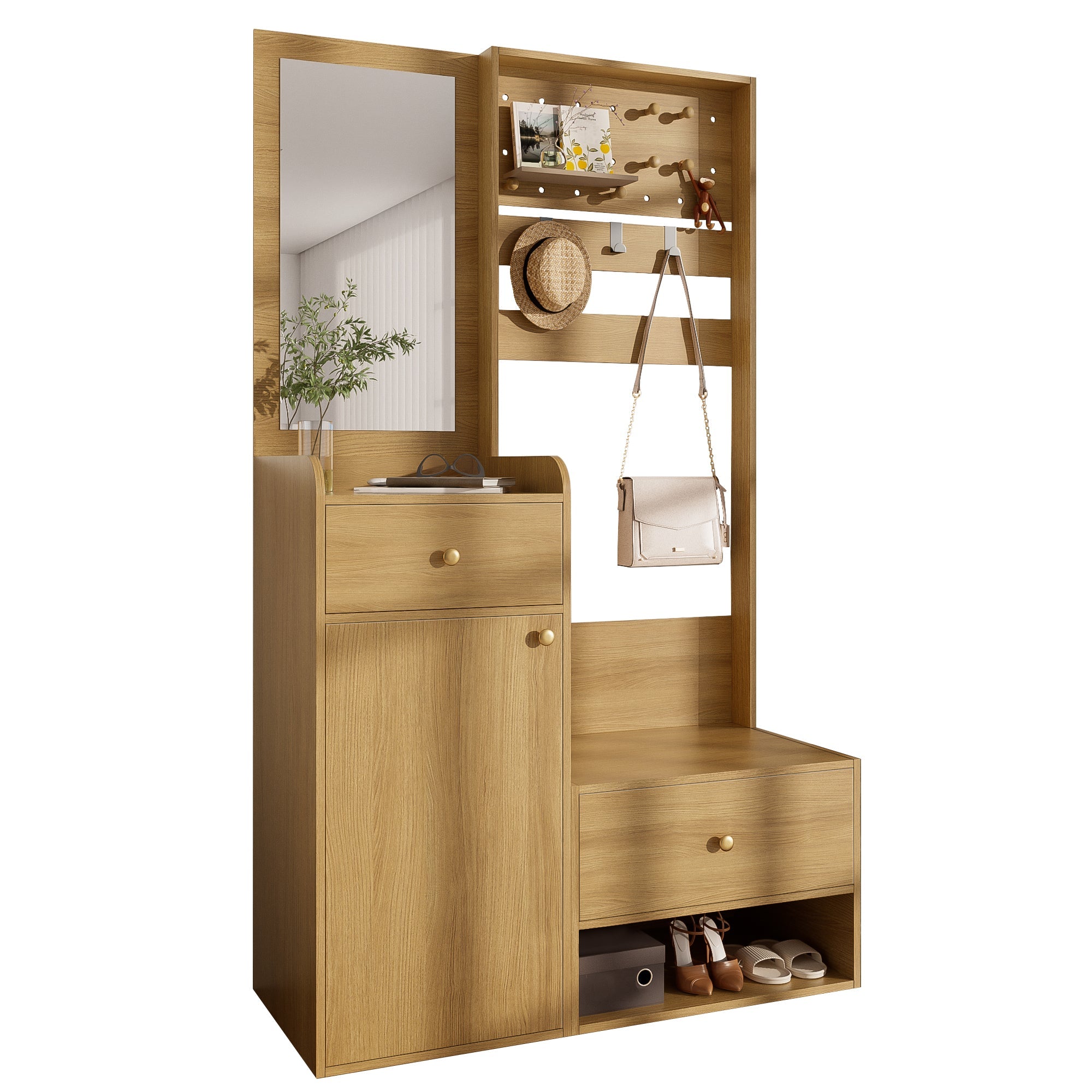 Compact Wardrobe, Entryway Shelf with Mirror, Adjustable Hooks, Wood-Coloured