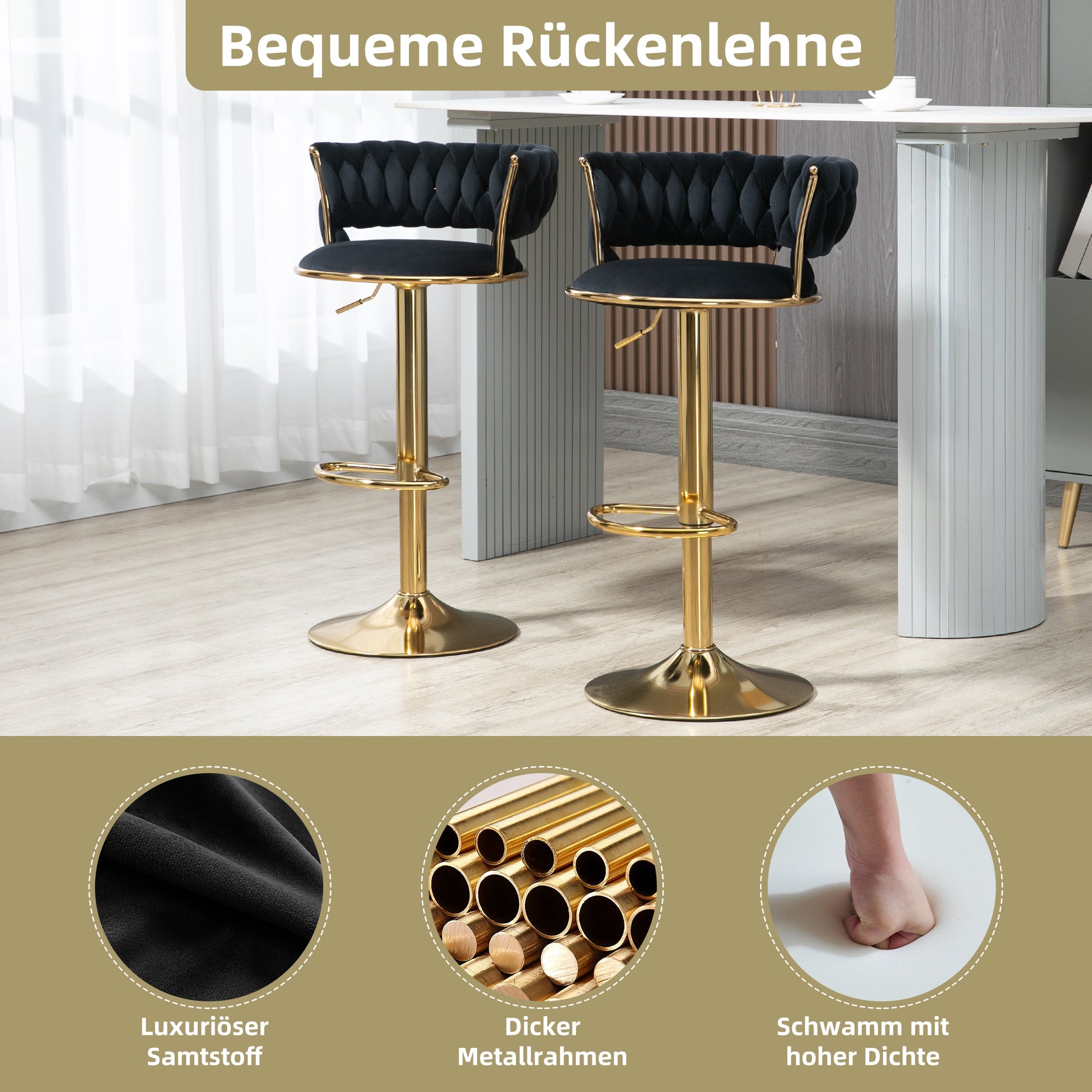 Velvet Swivel Bar Stool Set, Adjustable Height with Handcrafted Backrest