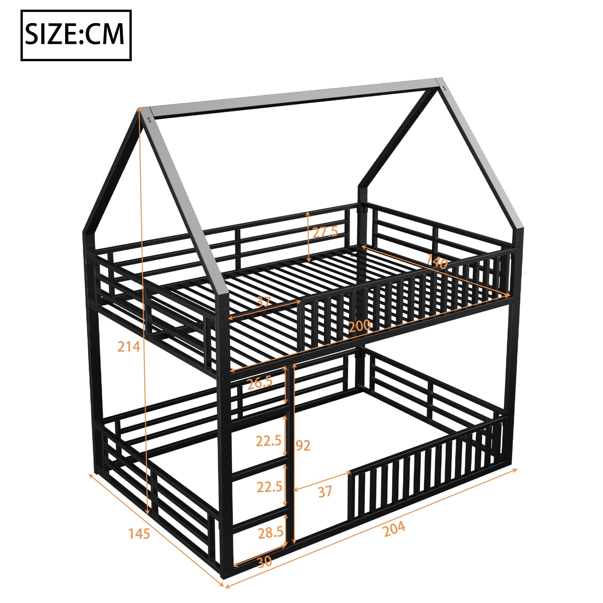 Bunk Bed 140x200 House Design Fence LED Light - Black