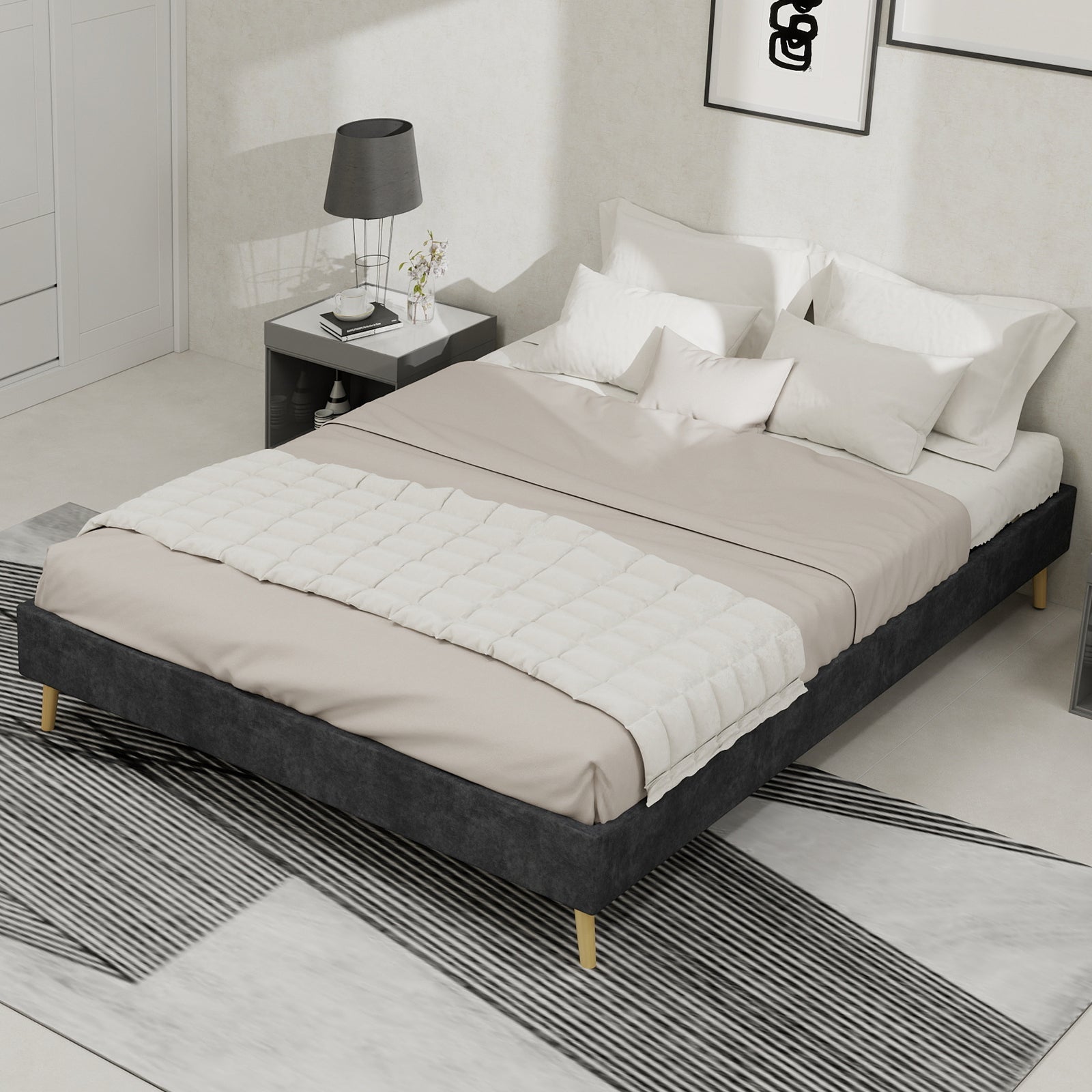 Bed Frame 140x200cm Minimalist Low Box Dutch Velvet Gray