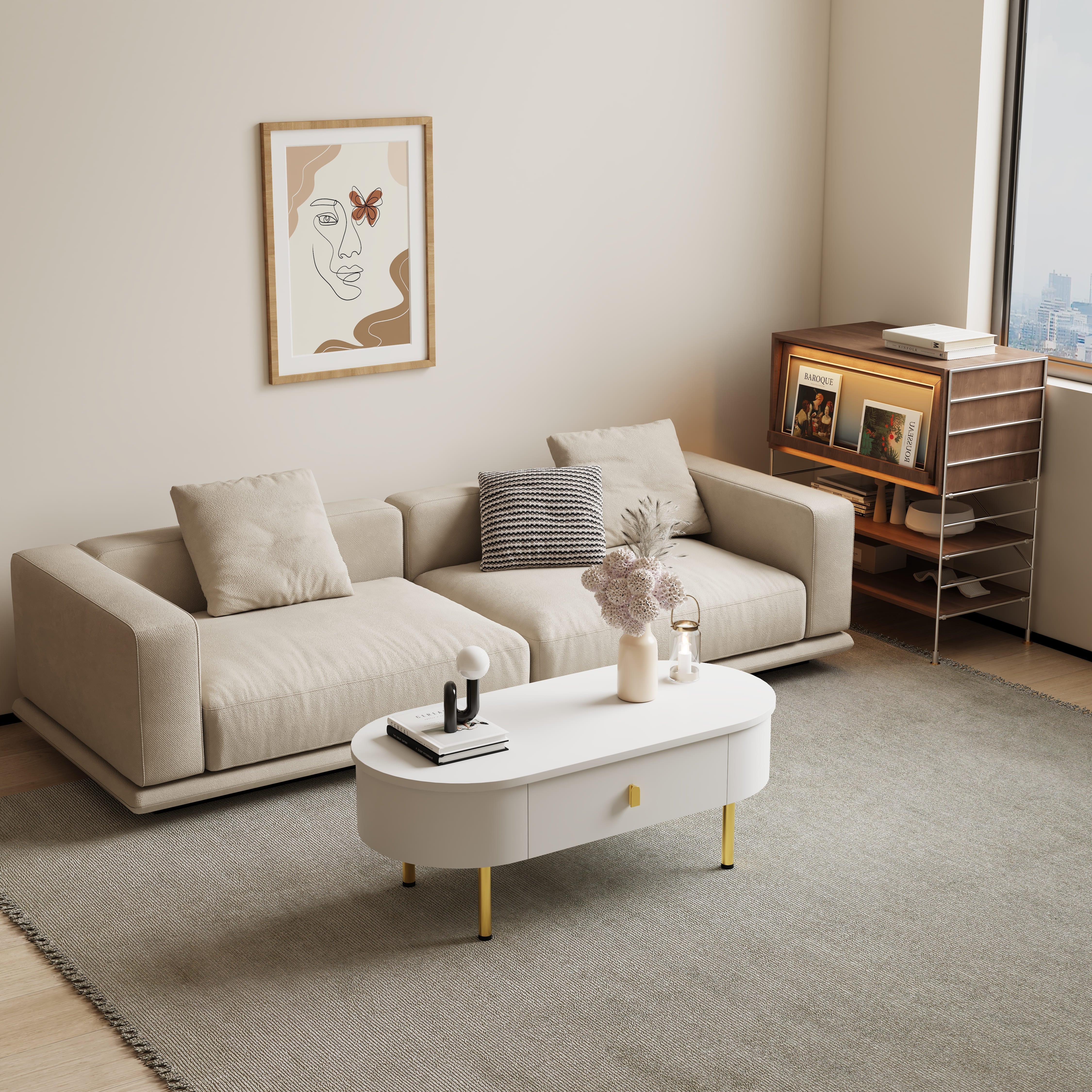 Coffee Table with Two Drawers, Curved Corners, Golden