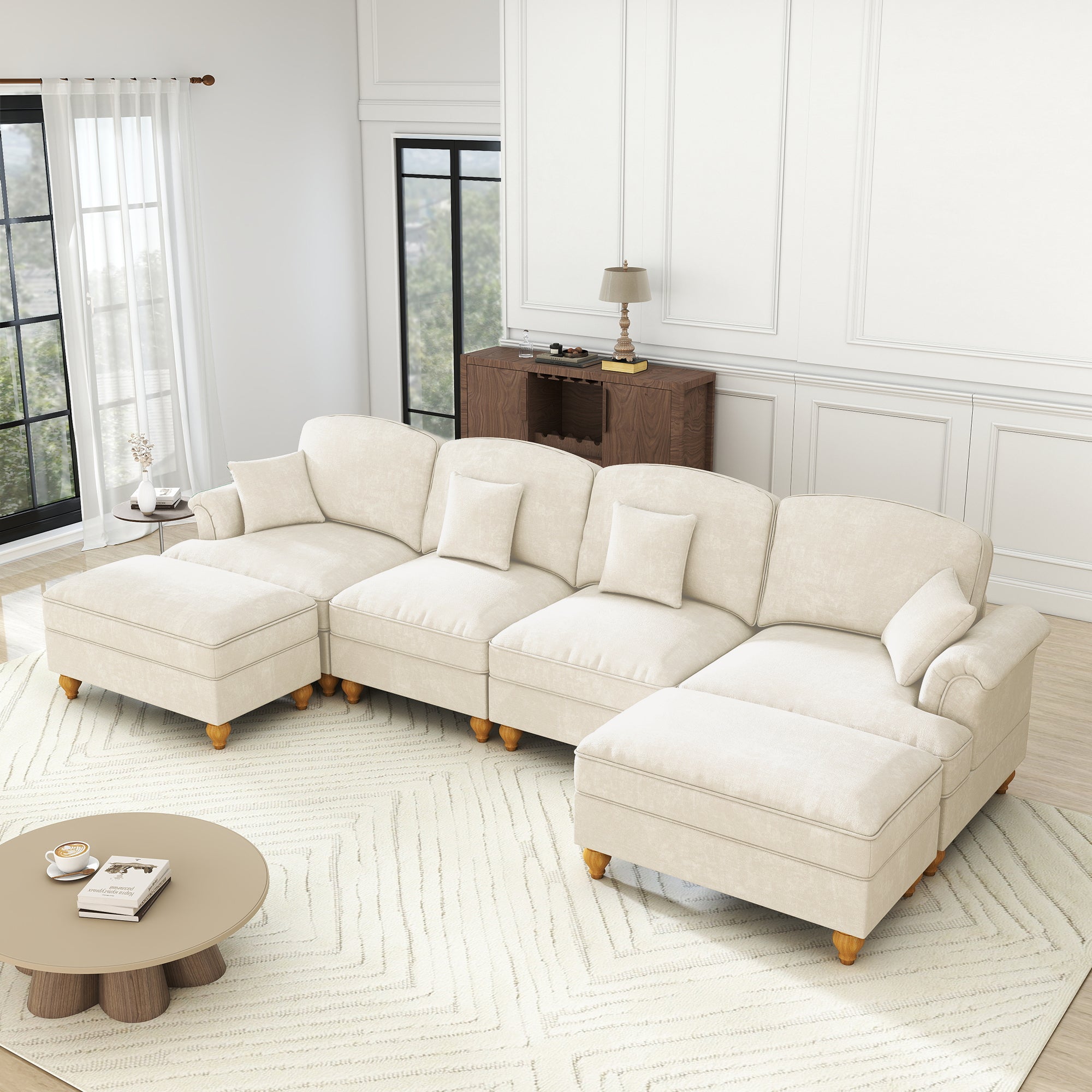 Modular U-Shaped Sofa 4-Seater Movable Ottoman Removable Apron - White Chenille