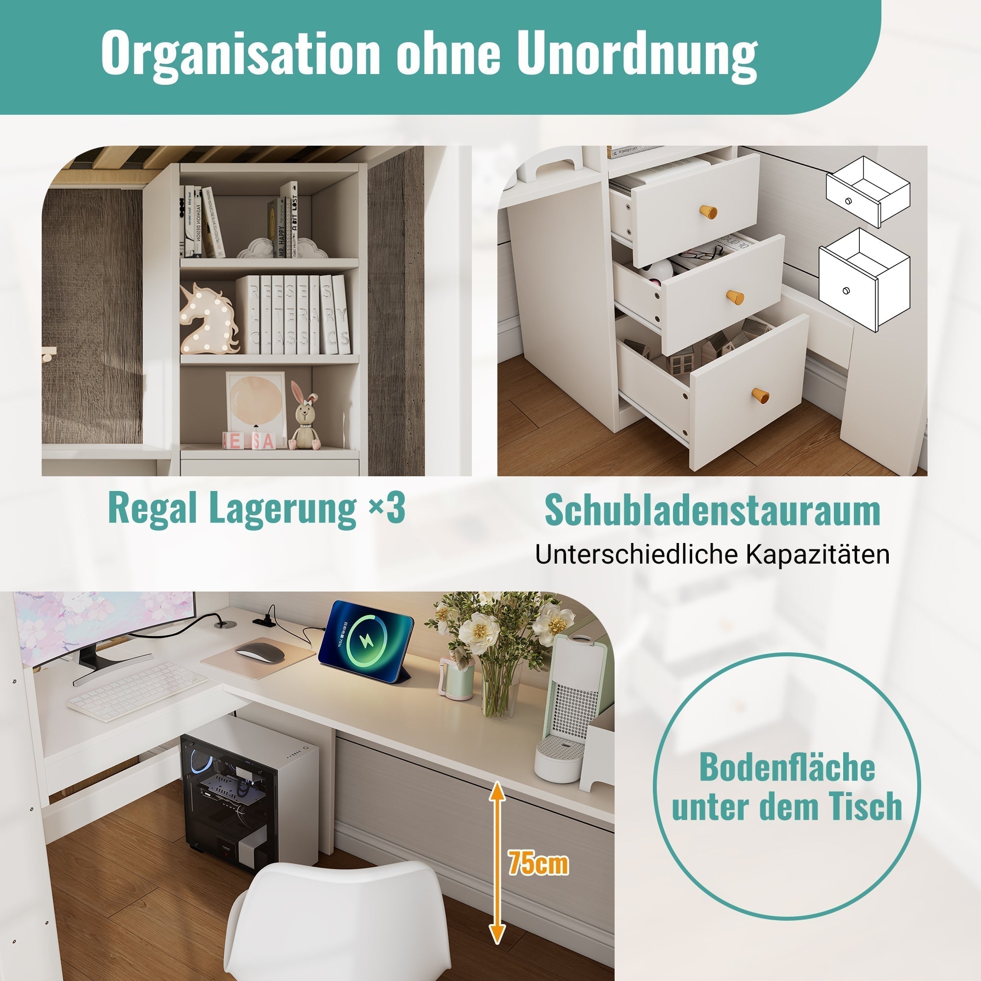 Children’s Loft Bed with Integrated L-Shaped Desk, Storage & Charging Ports - White