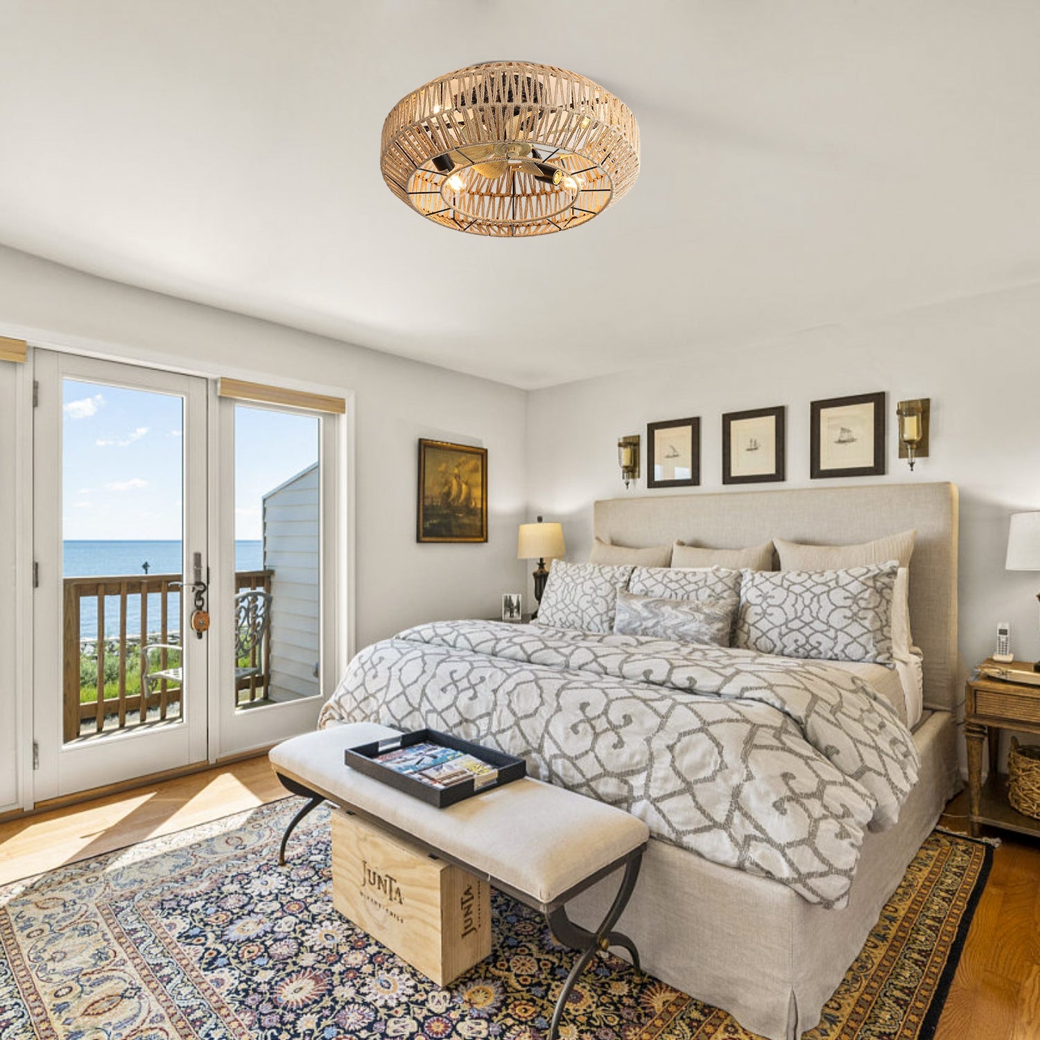 Boho Cage Ceiling Fan, 22-inch, 6 Speed, Reversible DC Motor, Rattan Weave