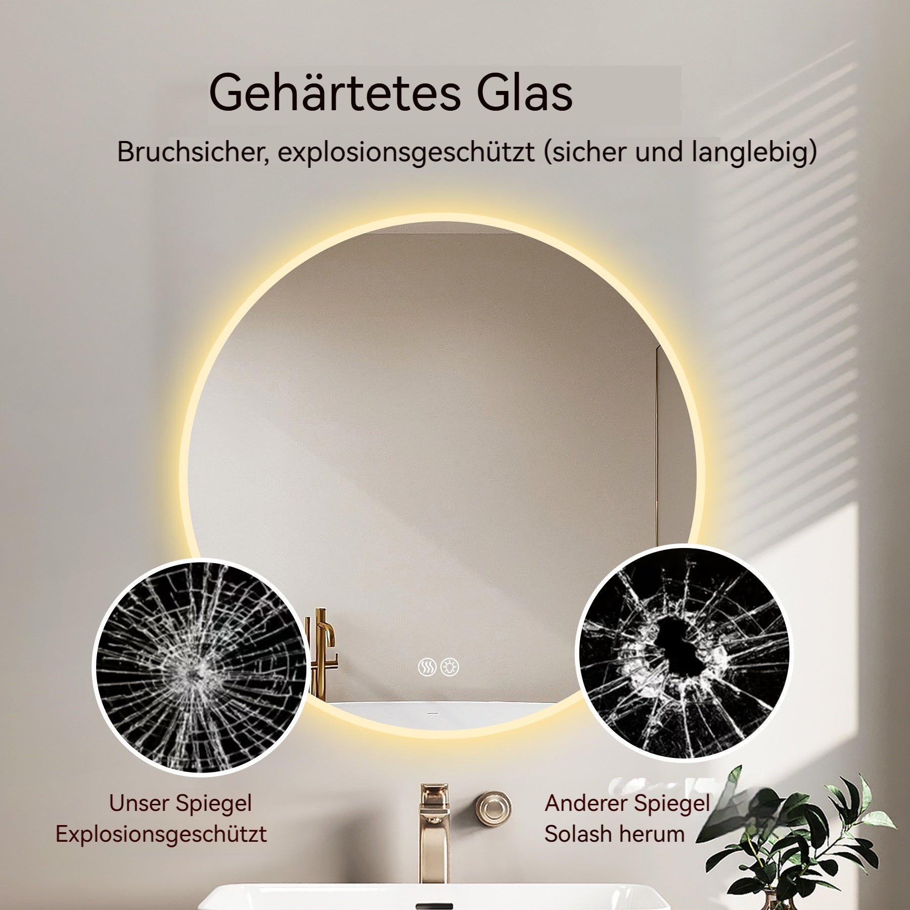 80cm Round LED Bathroom Mirror, Anti-Fog, Dimmable Light, Wall Mount