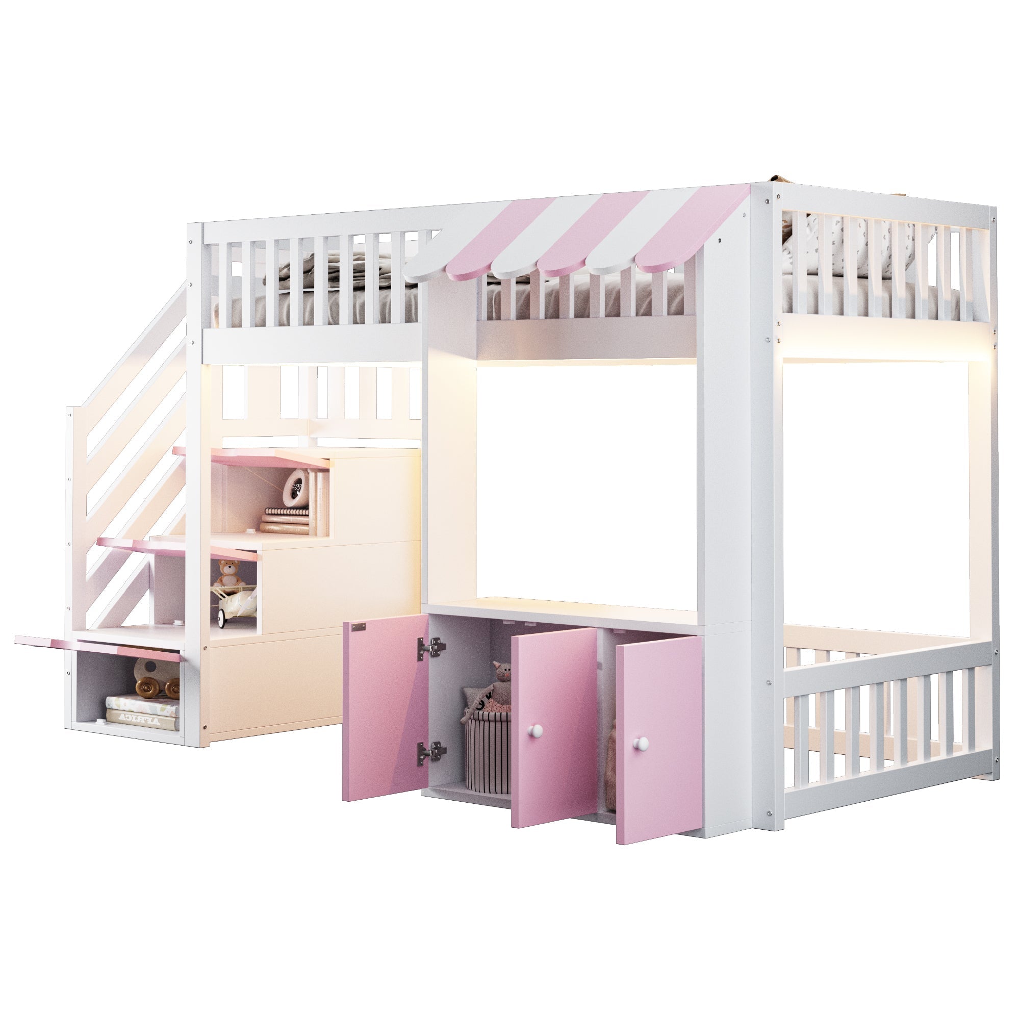 Loft Bed 90x200cm with Storage Stairs Wardrobe LED Light Wooden Pink