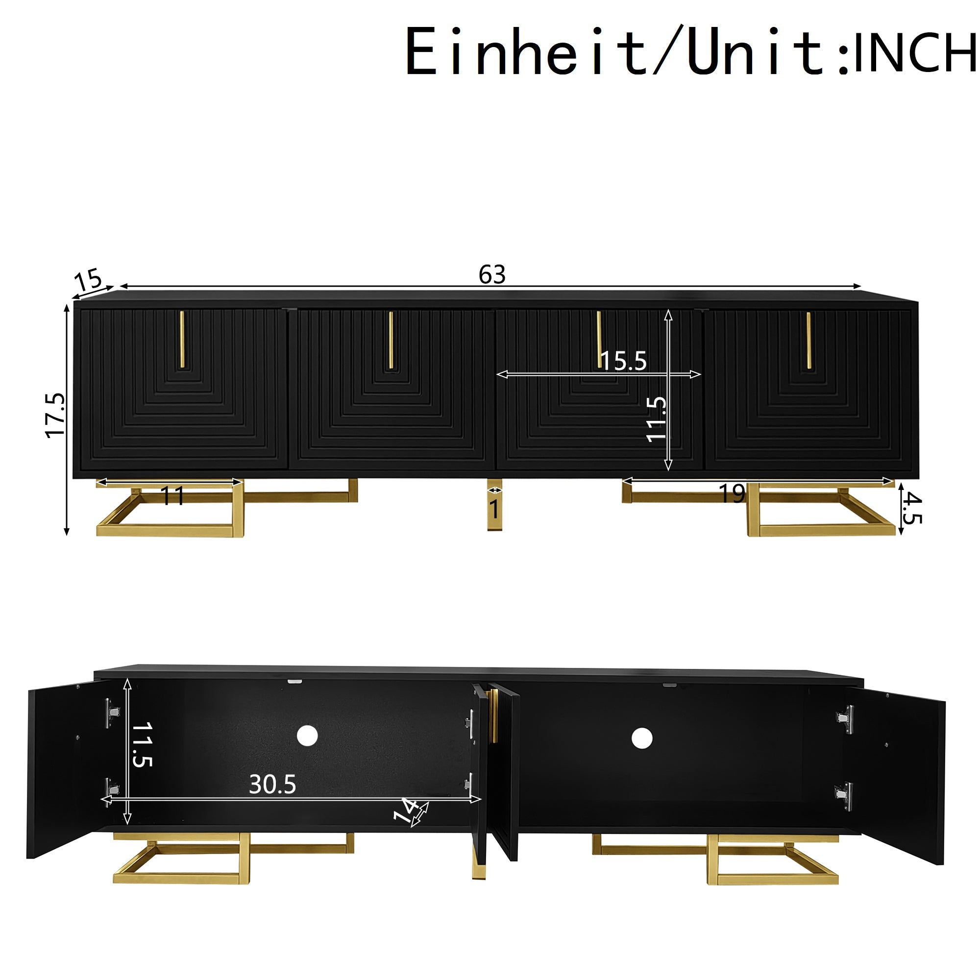 TV Cabinet Lowboard with Textured Doors, Gold Handles and Legs