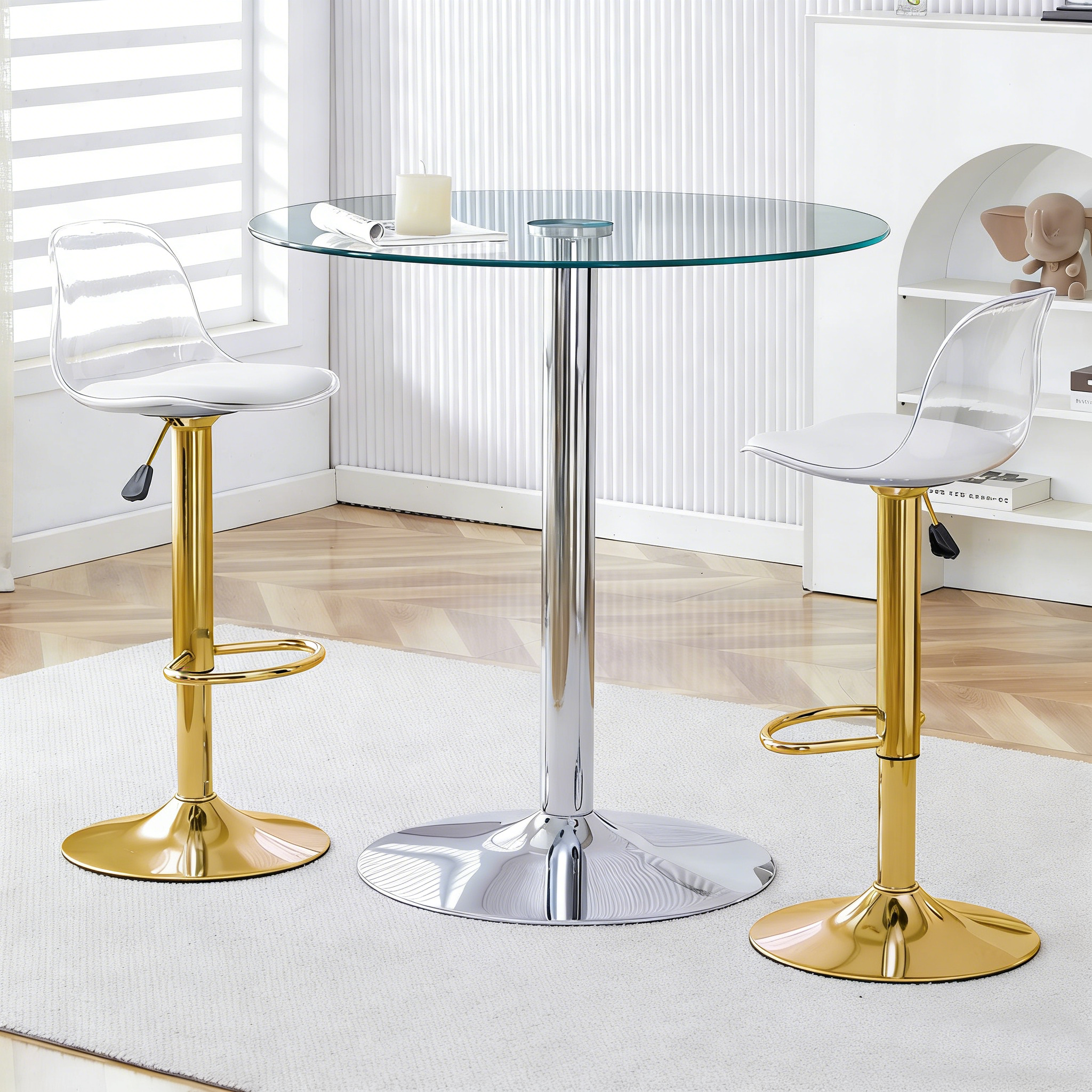 Bar Set Glass Table & 2 Stools Adjustable Swivel - Gold Legs