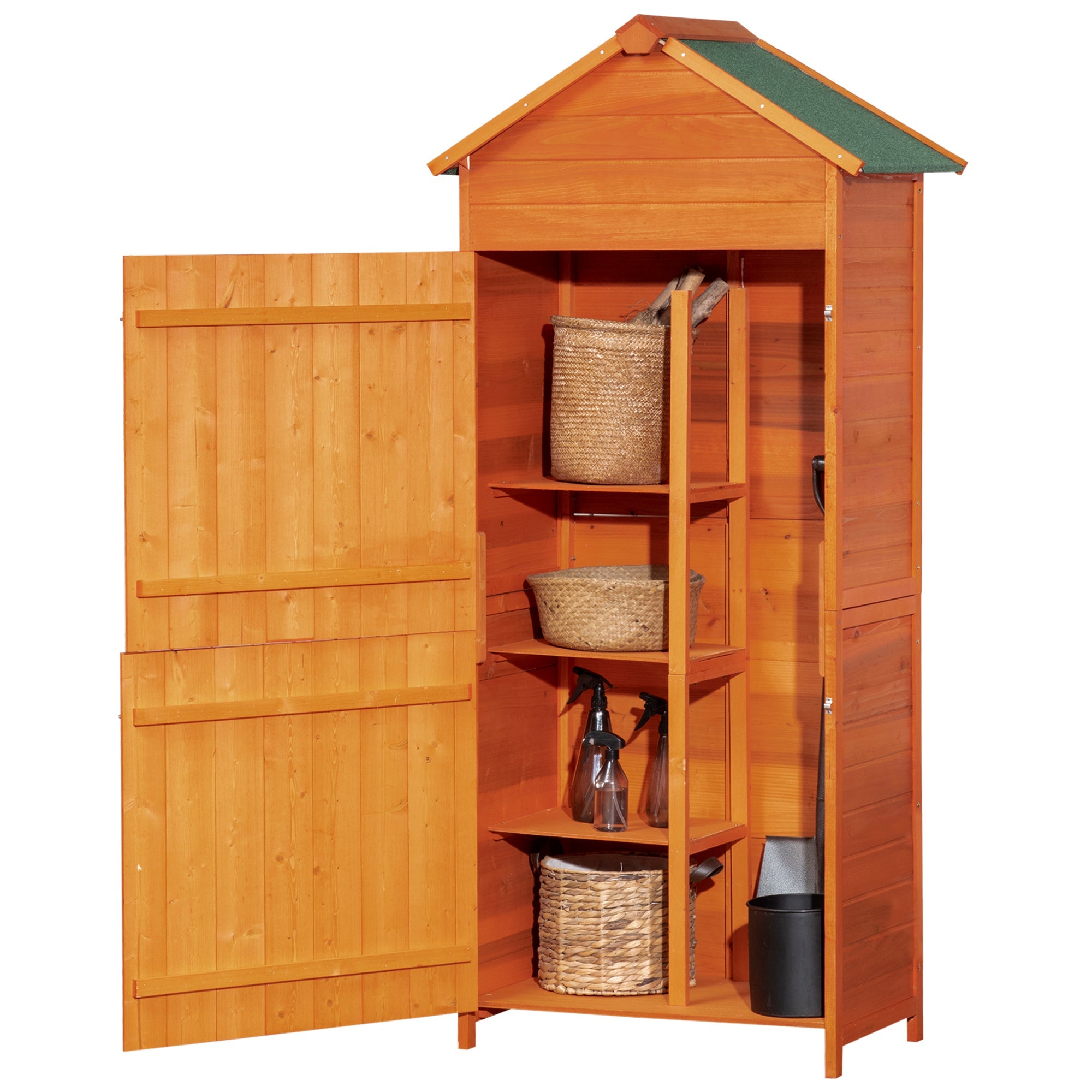 Wooden Outdoor Storage Shed, Compact Lockable Tool Shed with Shelves, Orange