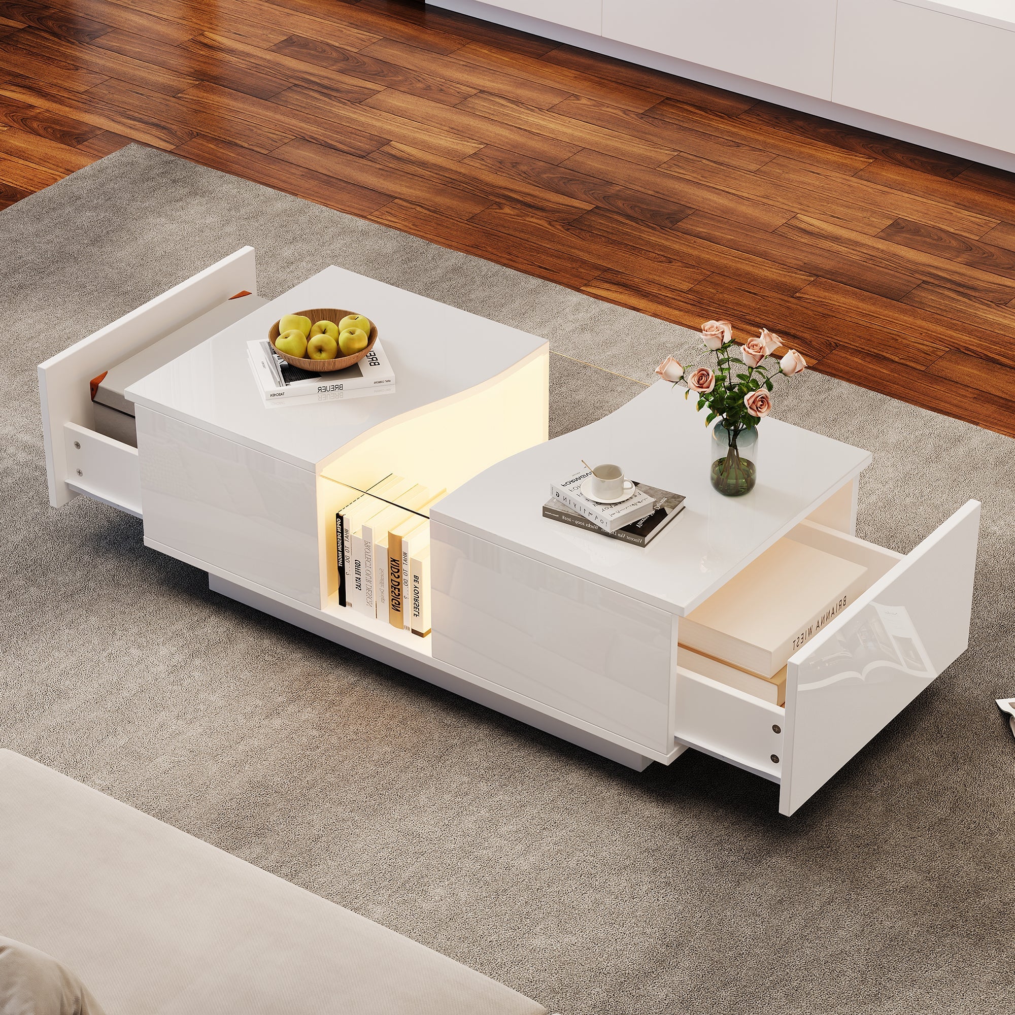 Led Coffee Table 2 Drawer Storage High Gloss 16-Color Lights White