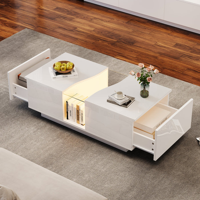 Led Coffee Table 2 Drawer Storage High Gloss 16-Color Lights White