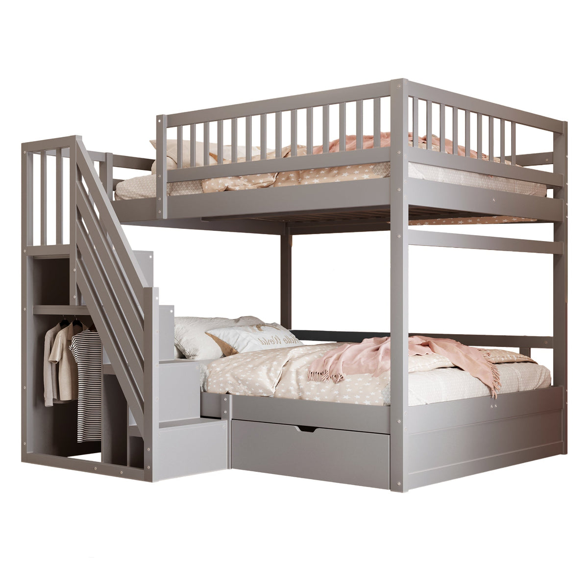 Solid Wood Bunk Bed 140x200cm High Safety Rail Storage Ladder Drawers, Grey