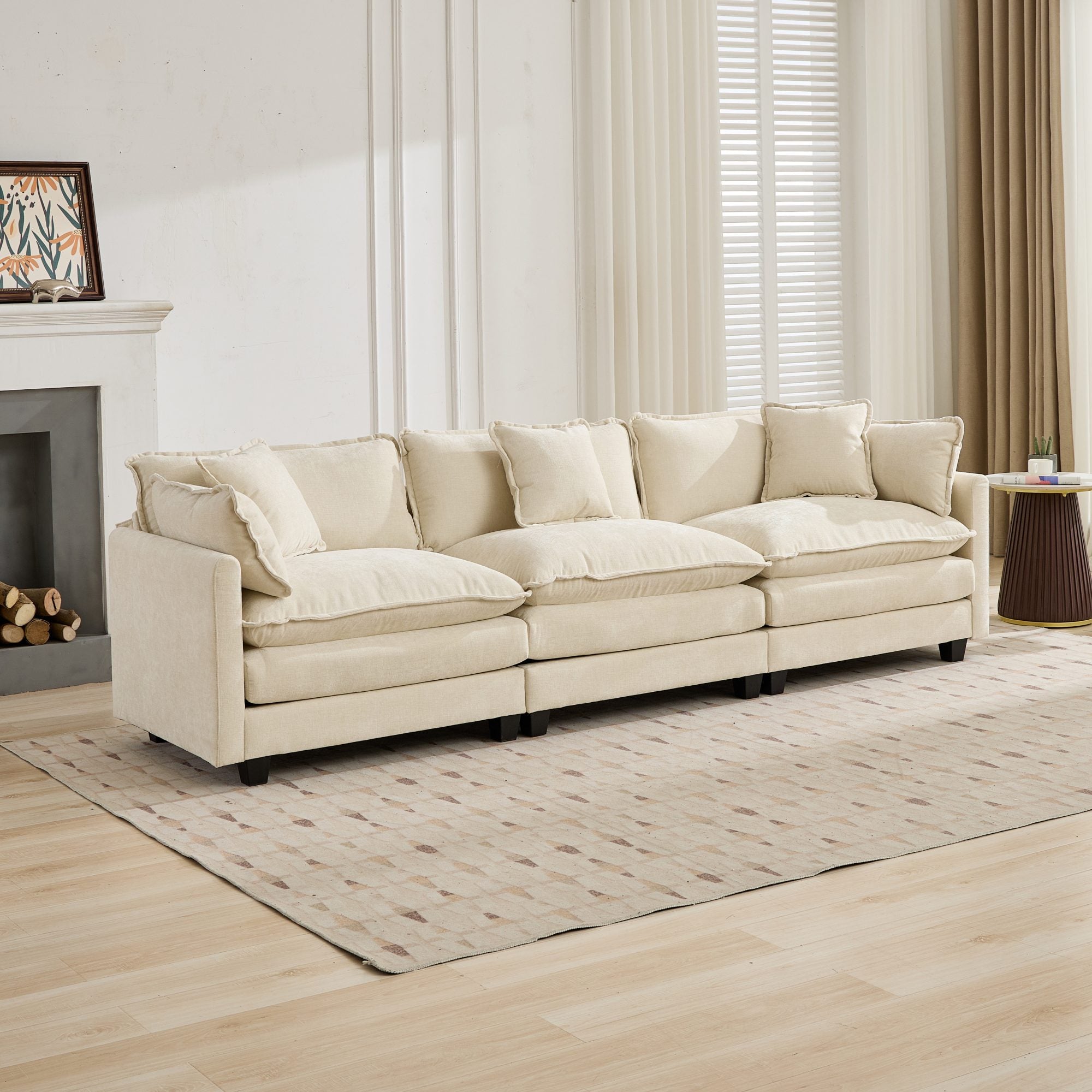Cloud Sofa, 3 Seater Modern Sectional with Upholstered Seat Cushion, Beige Chenille Fabric