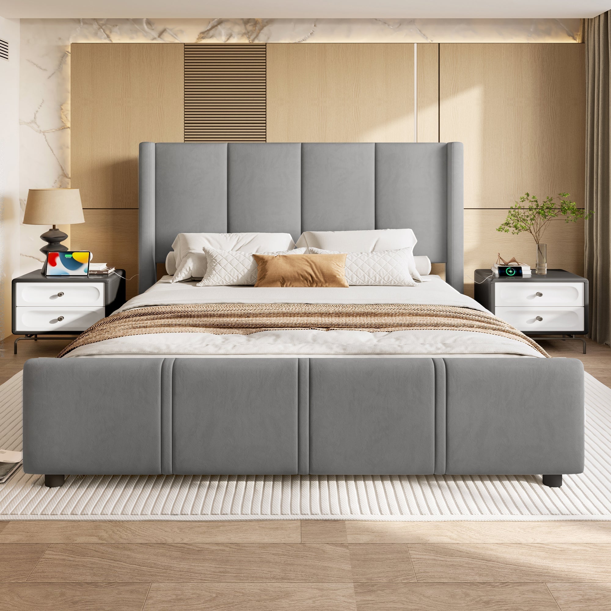 Upholstered Bed Frame, 160x200cm Modern with USB Port, Iron & Wood, Grey