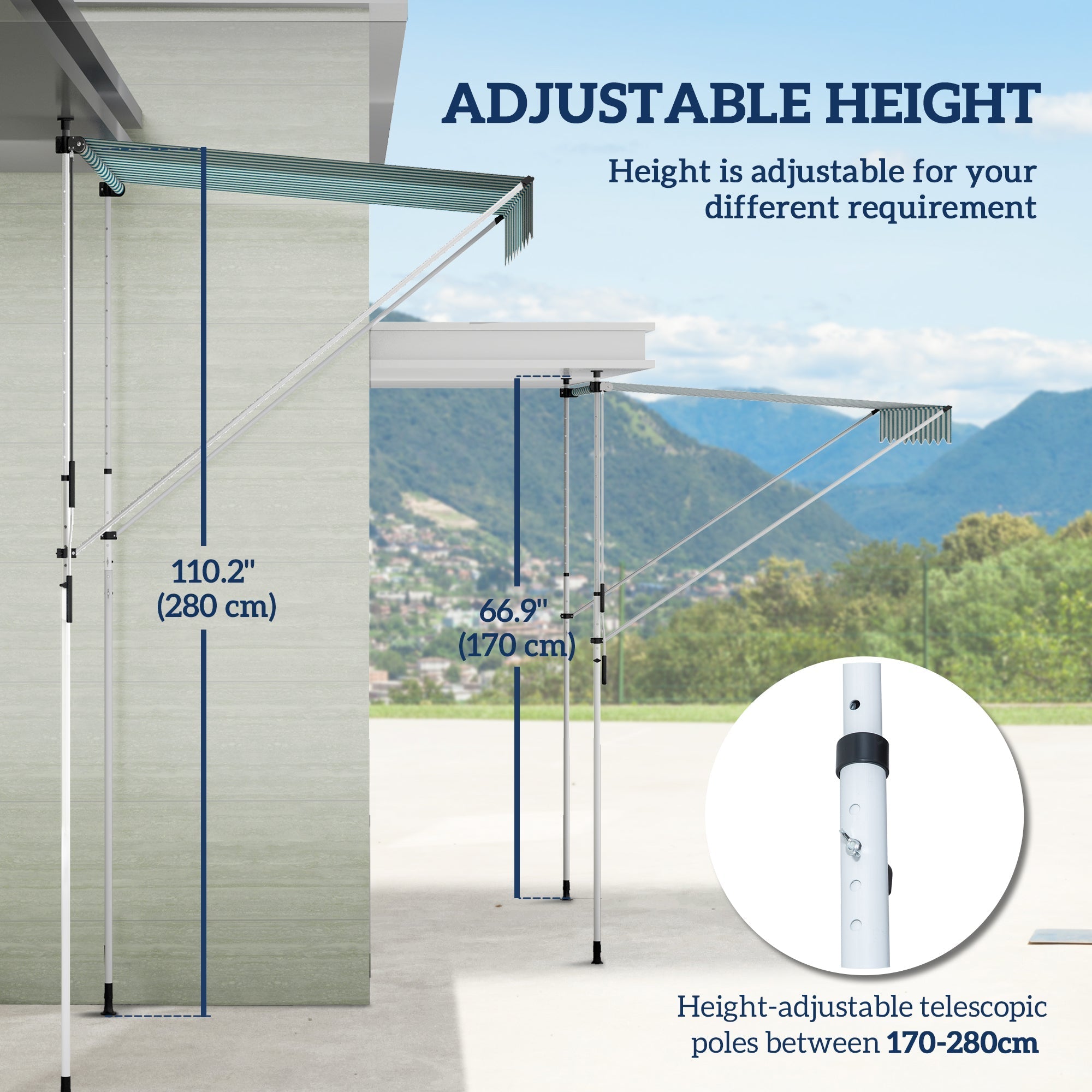 Awning, Articulated Arm Clamp Adjustable Sun Protection Folding Hand Crank, Aluminum Green and White