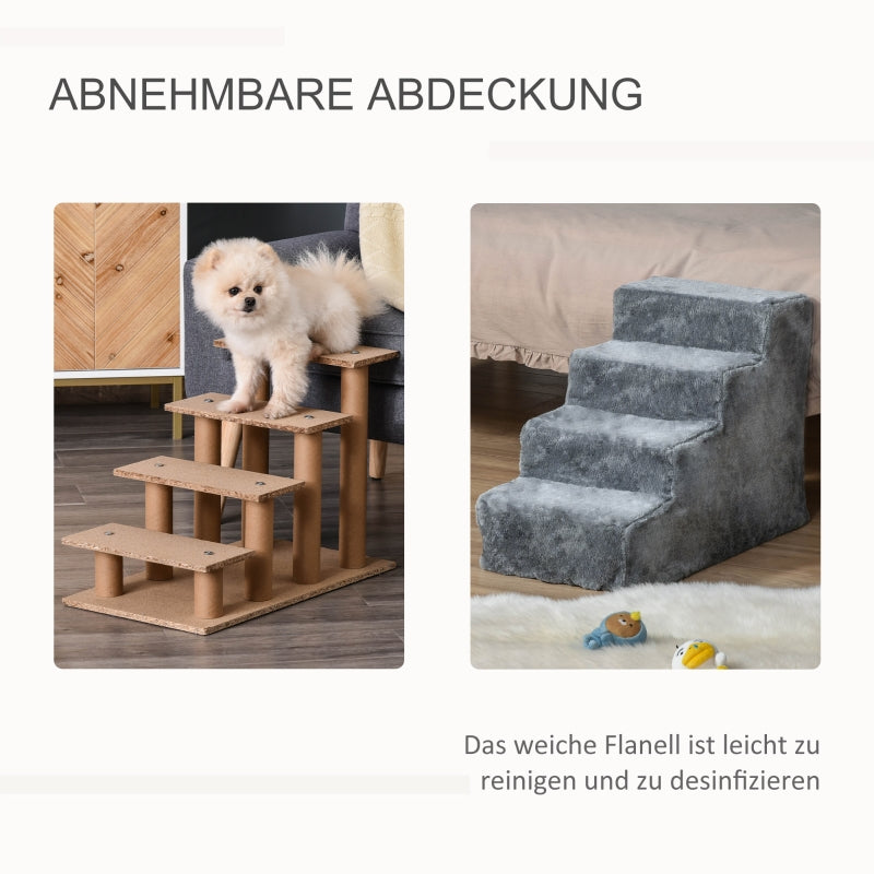 Hundetreppe 4-stufig, Haustiertreppe 35cm, Plüsch-Look, Hellgrau