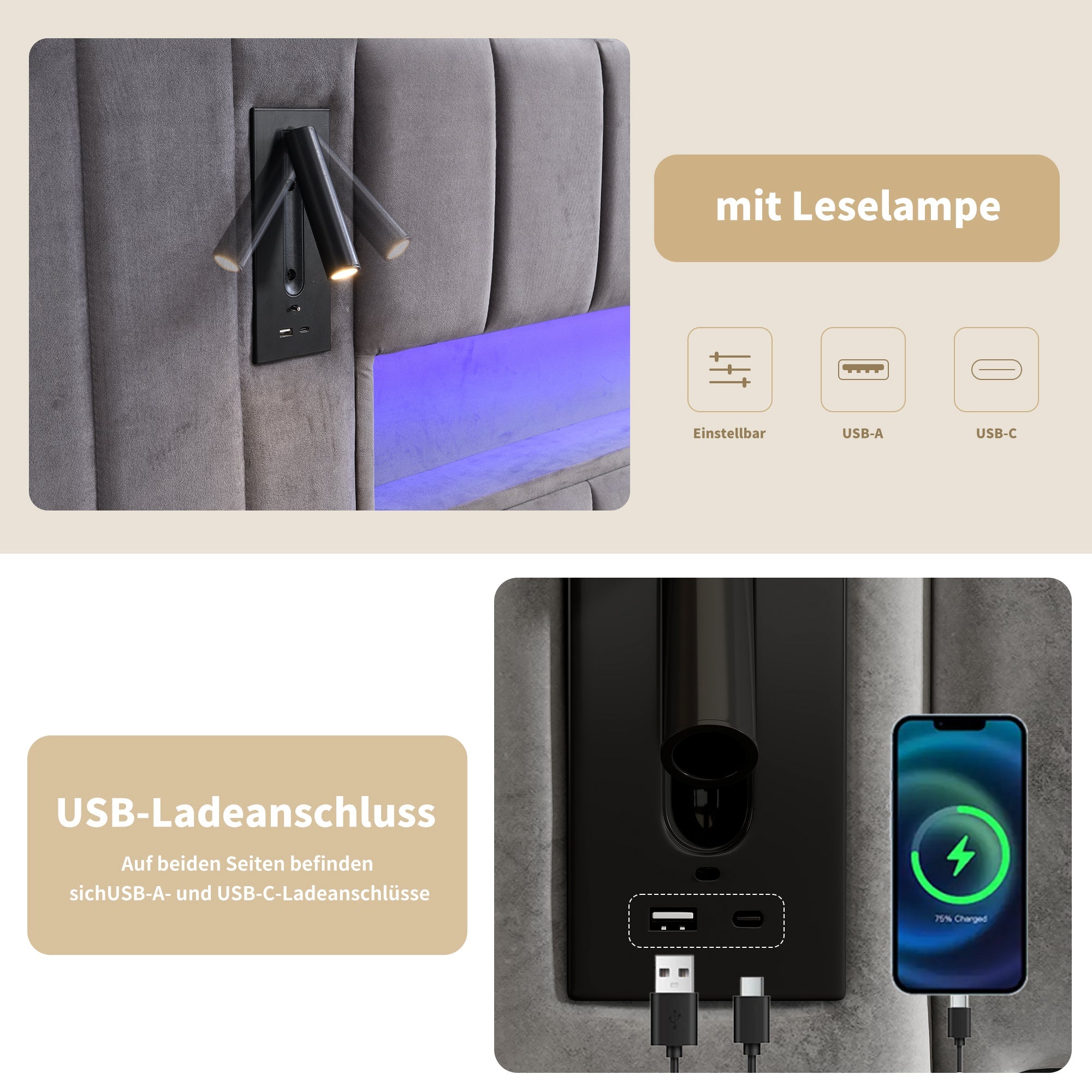 Upholstered Double Bed with USB Port, LED Lighting and Storage, 160x200cm, Grey Velvet