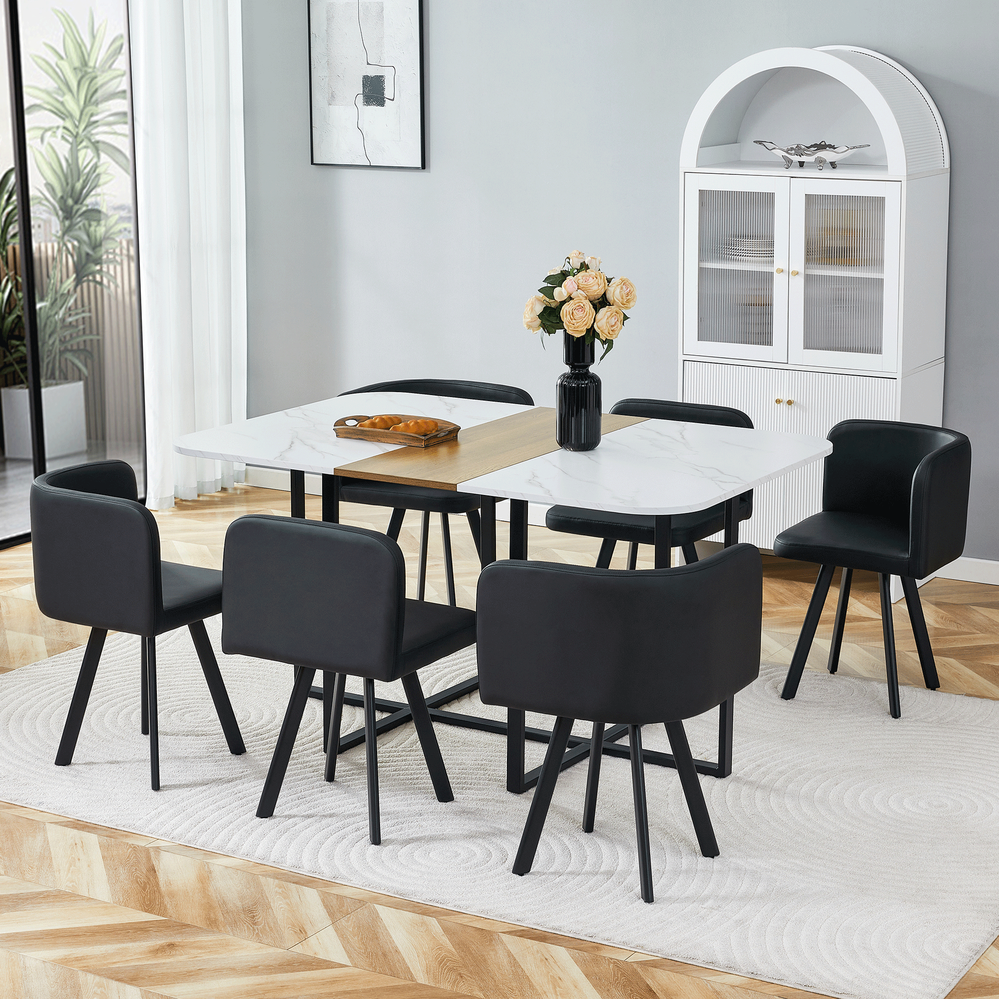 Dining Set Extendable Table & Folding Chairs - White/Black