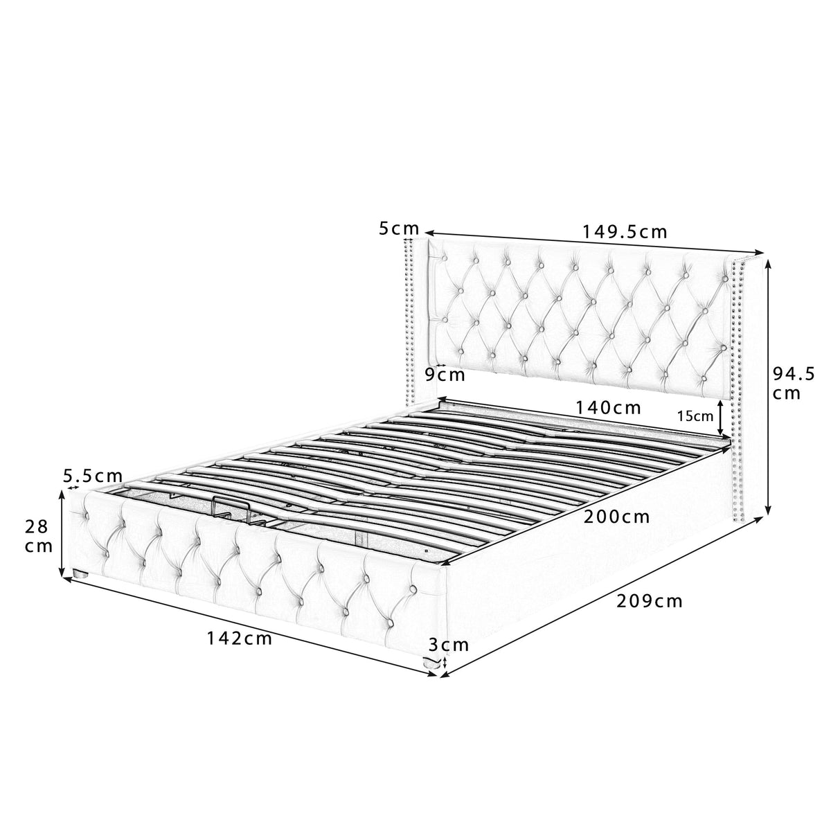 Upholstered Bed 140x200cm Hydraulic Storage Ear Shape Studs Button Tufted - Velvet Beige