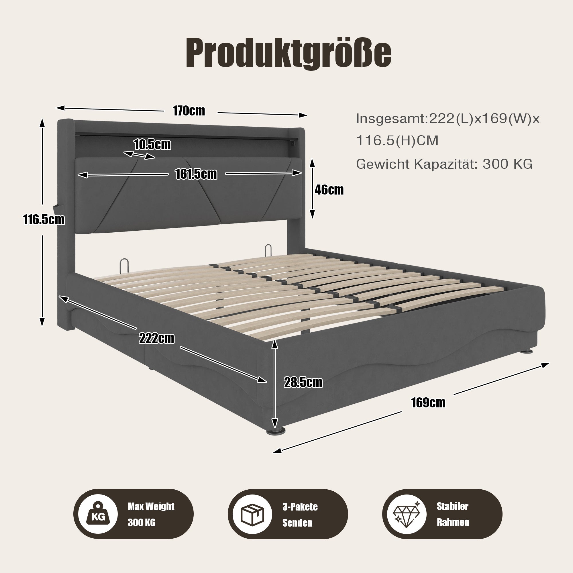 Modern Upholstered Bed, LED Headboard Storage USB Ports, 160 x 200 cm