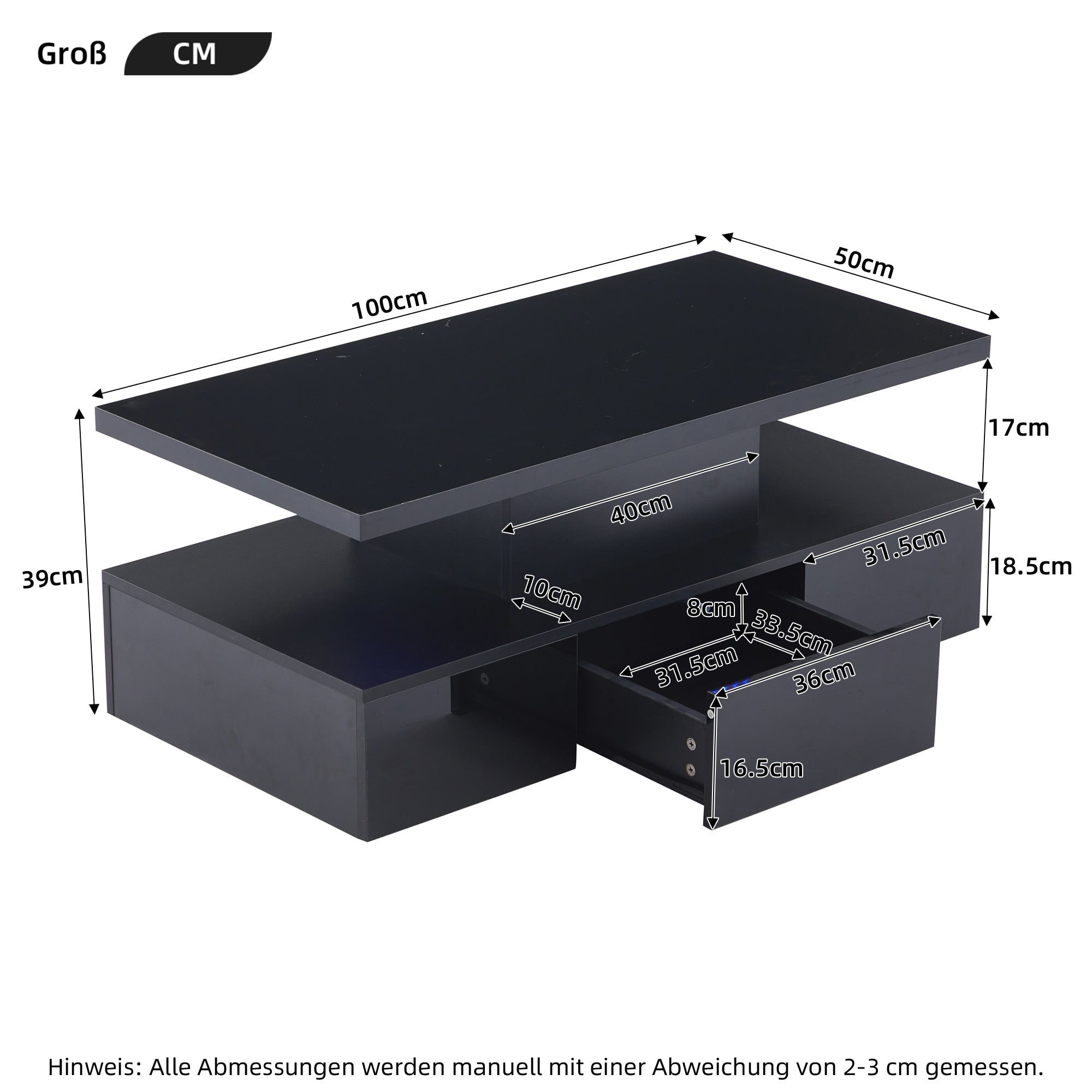 Two-tier Coffee Table 16-Color LED Light High-Gloss Storage Black