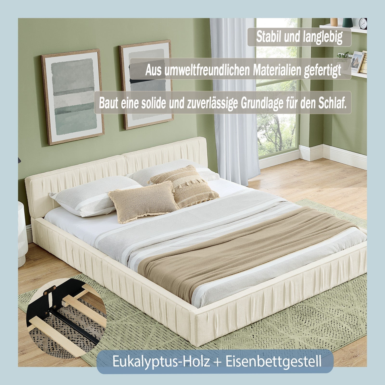 Double Bed 140x200cm Chenille Cover Eucalyptus Frame - Beige