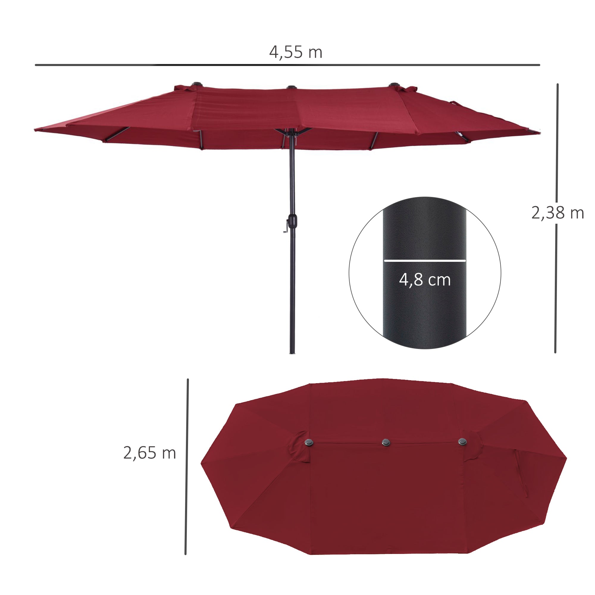 Parasol Garden Umbrella Double Patio 455 x 270 cm Hand Crank Oval, Wine Red