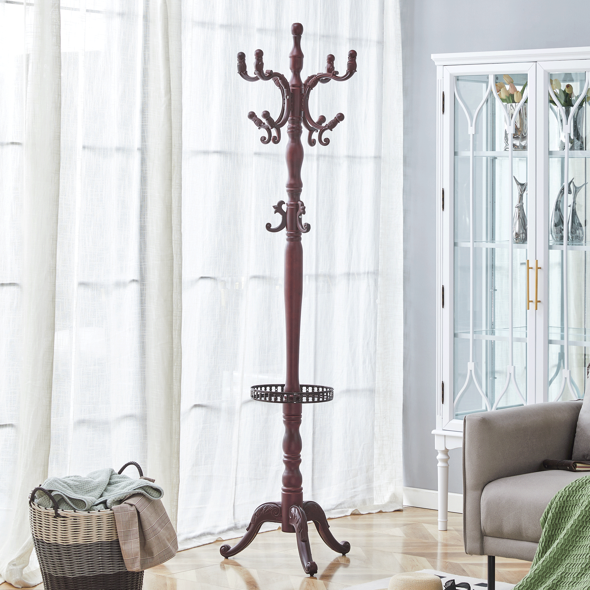 Clothes Rack Multi-Hook Freestanding - Solid Walnut Wood