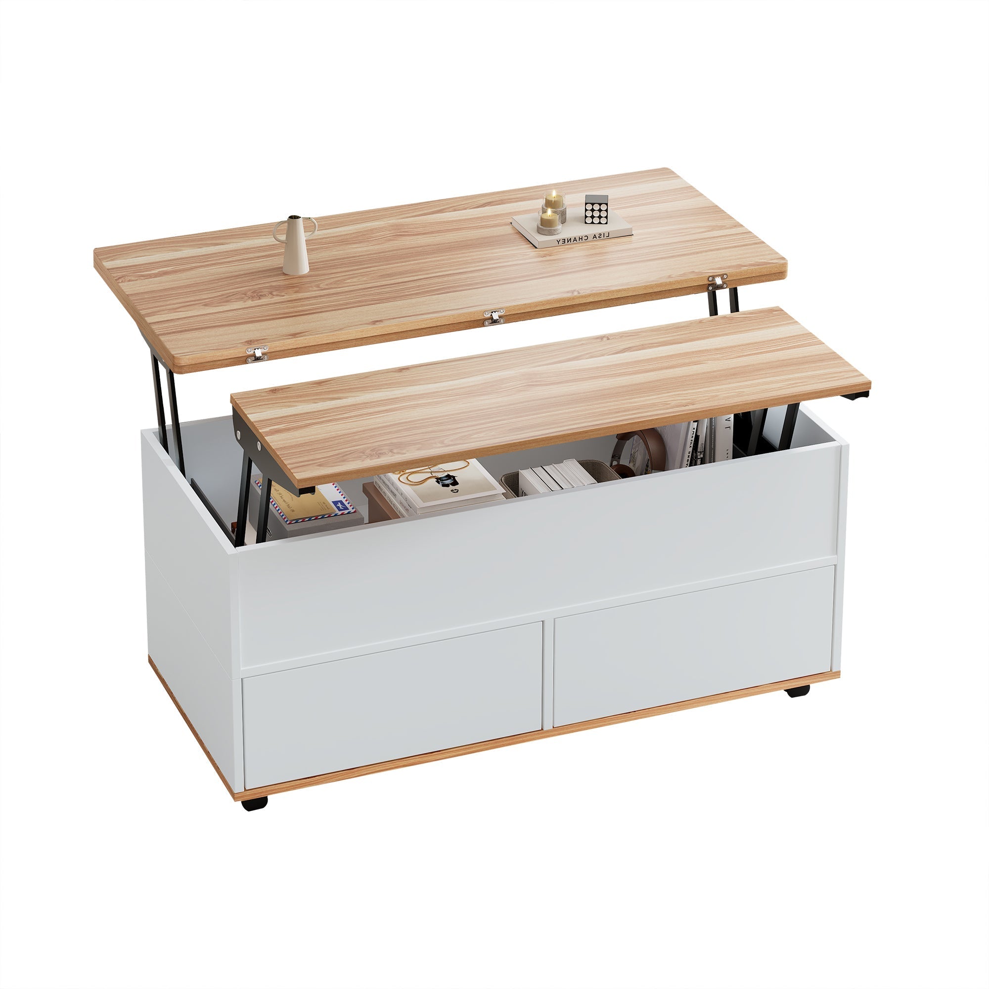 Coffee Table, Height-Adjustable with Hidden Storage and Wheels, White + Natural Wood
