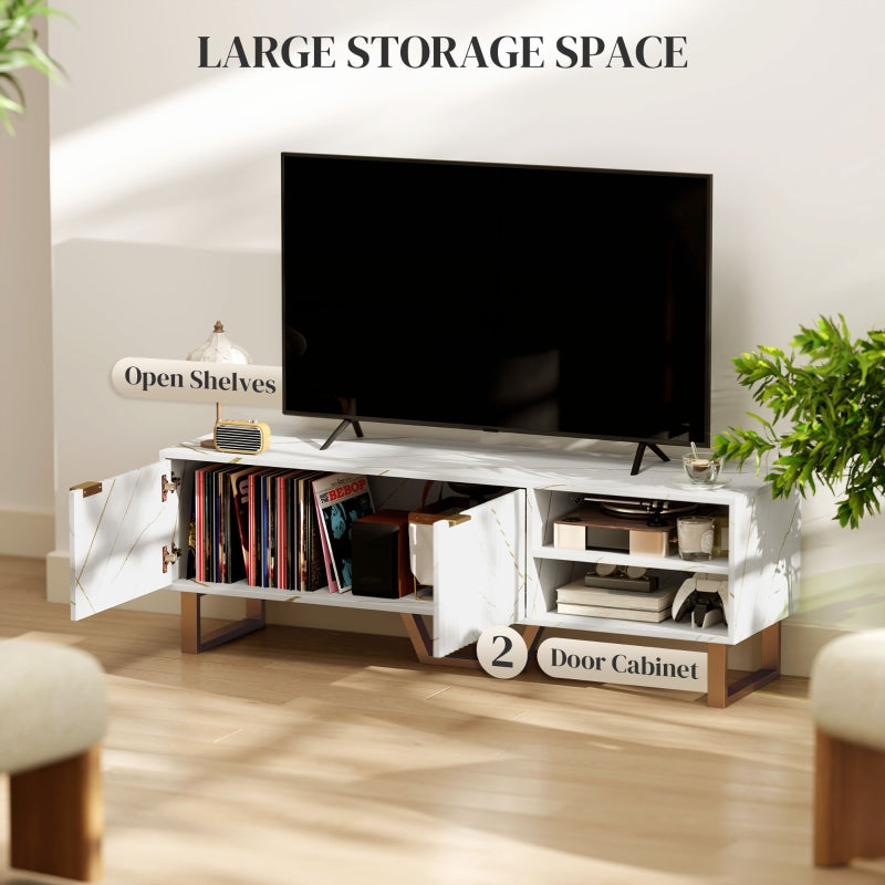 Marble Effect TV Unit Stand for 70" TVs, Fluted Door Storage, White