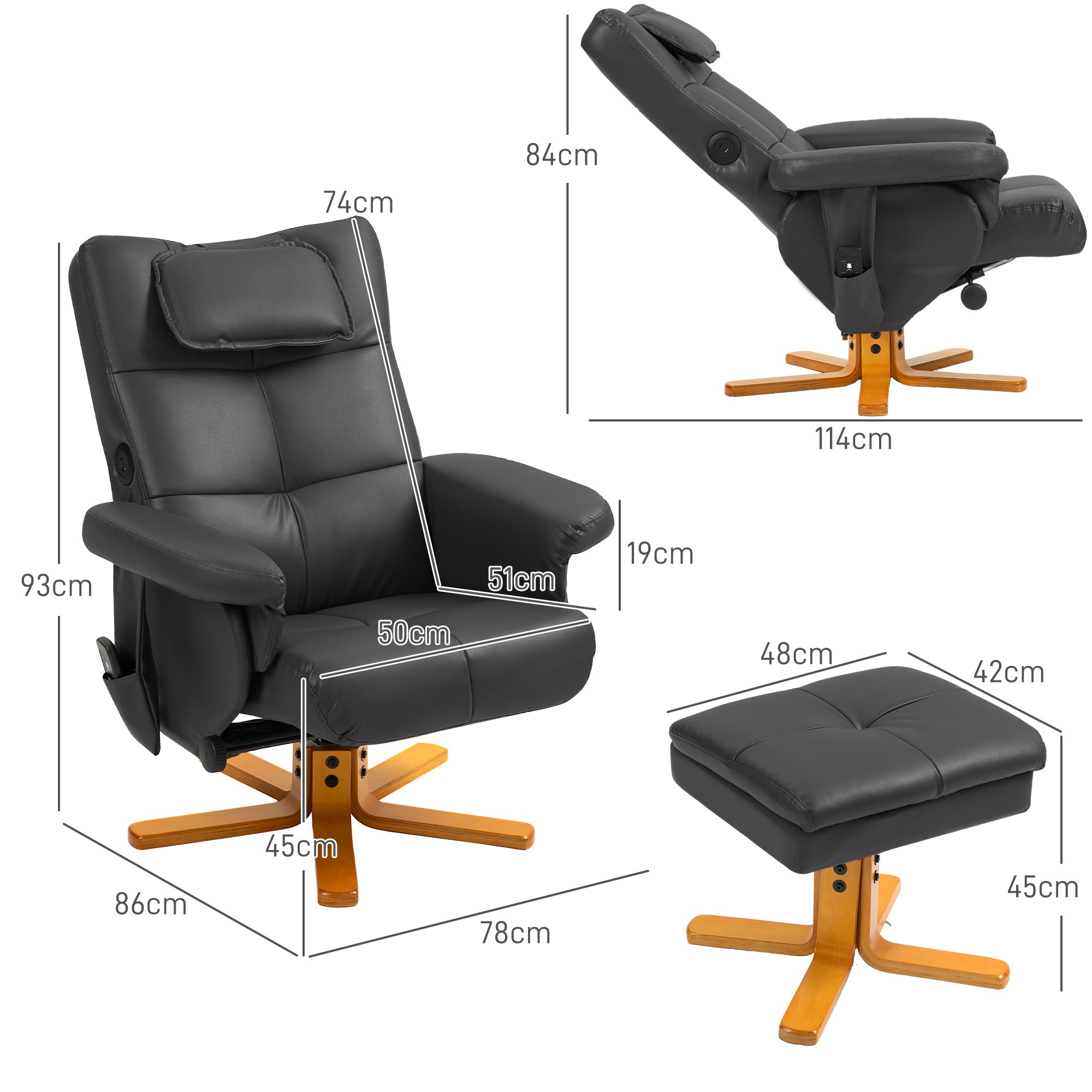 Reclining Massage Armchair with Footstool, Storage, Side Pocket - Faux Leather Black