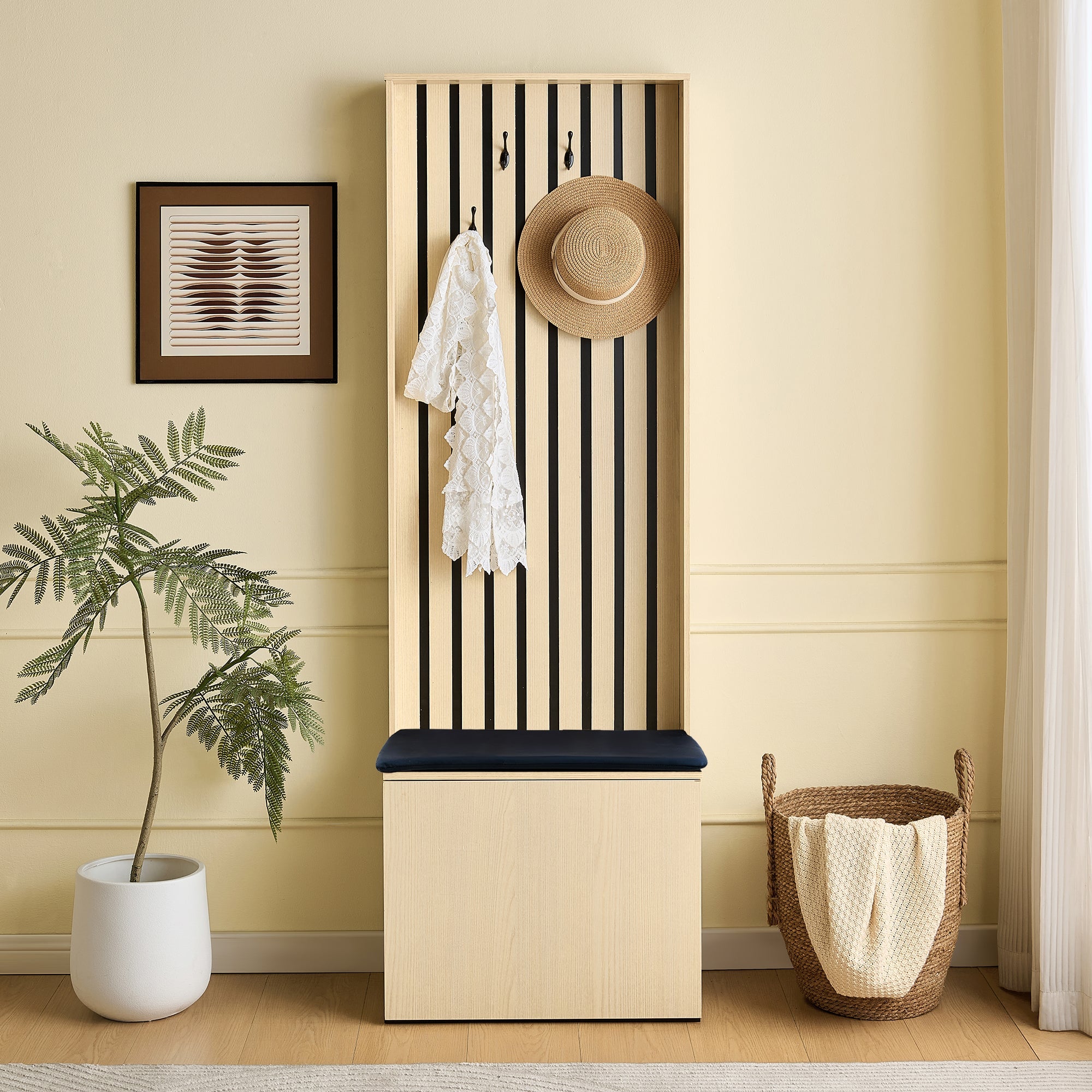 Modern Wardrobe with Bench & Shoe Storage, 4 Hooks, Wood/MDF
