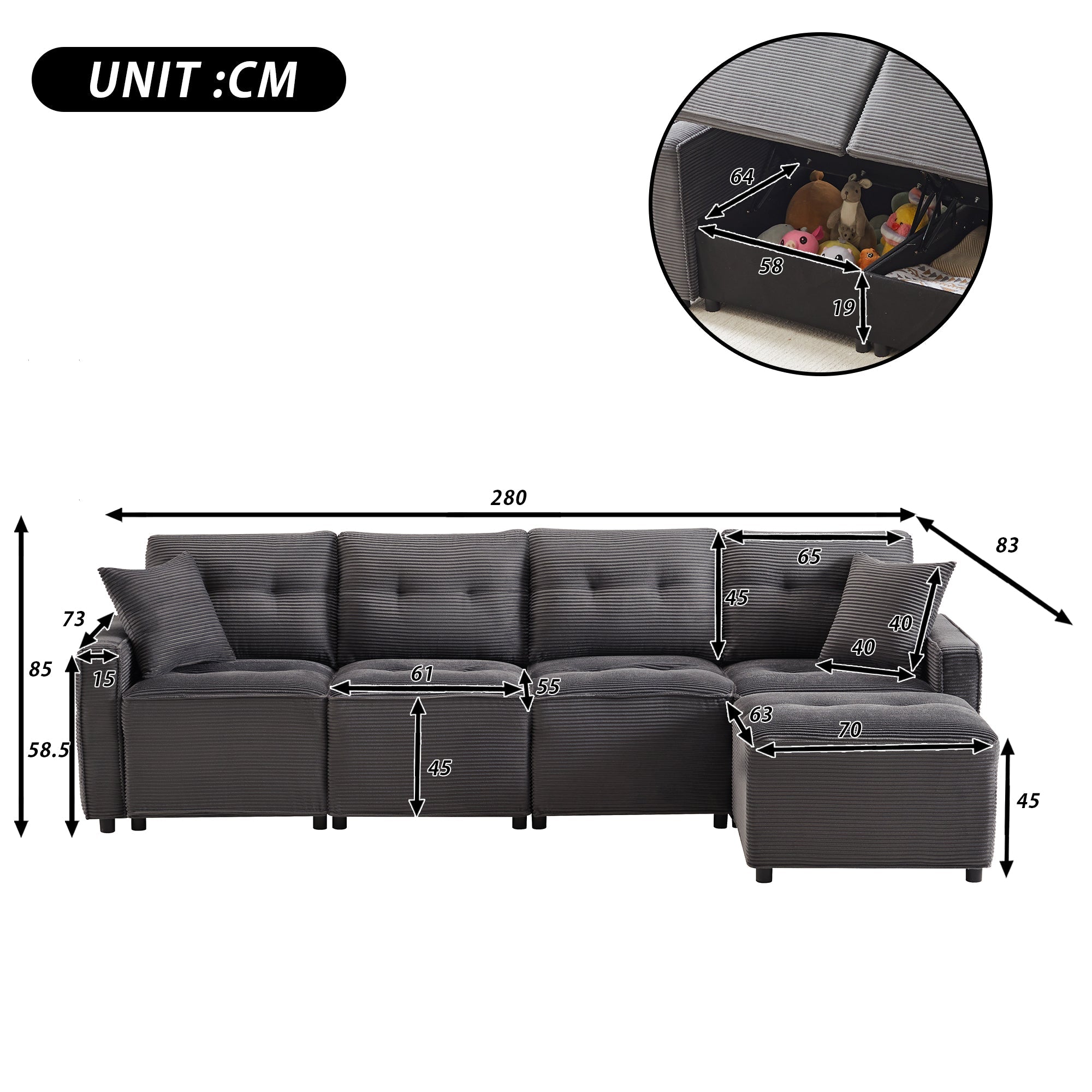 4-Seater Sofa with Storage and Ottoman, Grey Corduroy