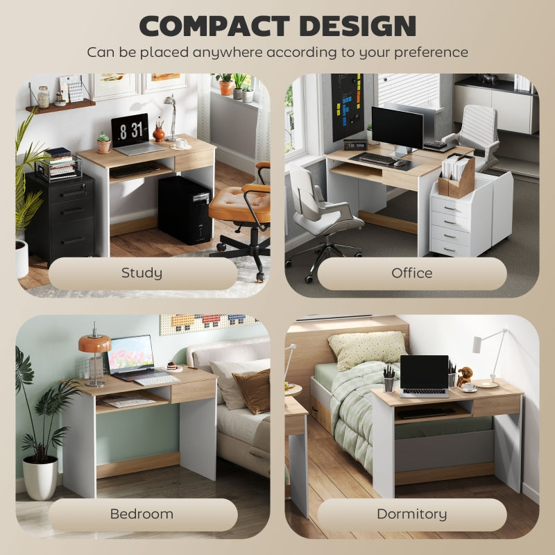 100cm Compact Computer Desk, Keyboard Tray and Drawer for Home Office, Oak