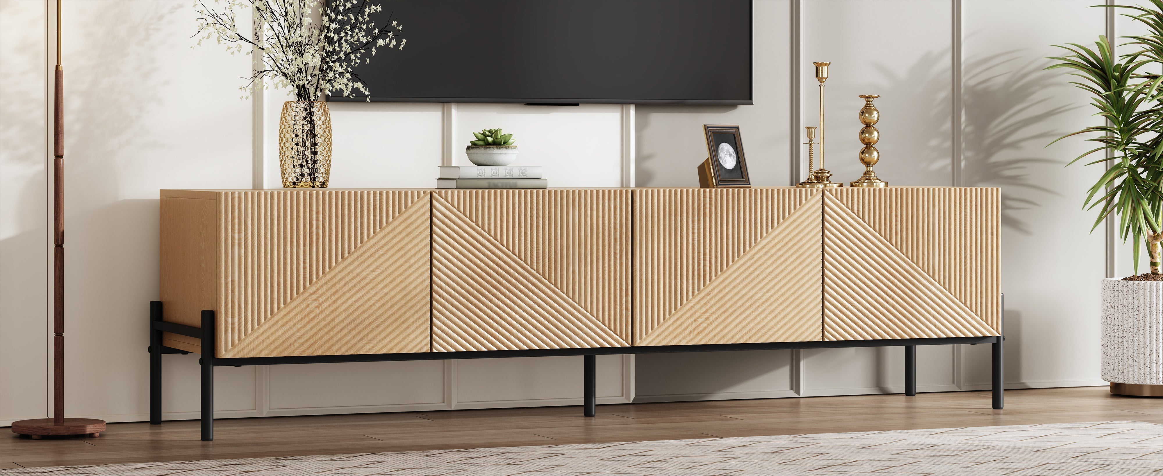 Modern TV Cabinet with 4-Door Storage and 3D Geometric Design, 160cm, Wood and Metal