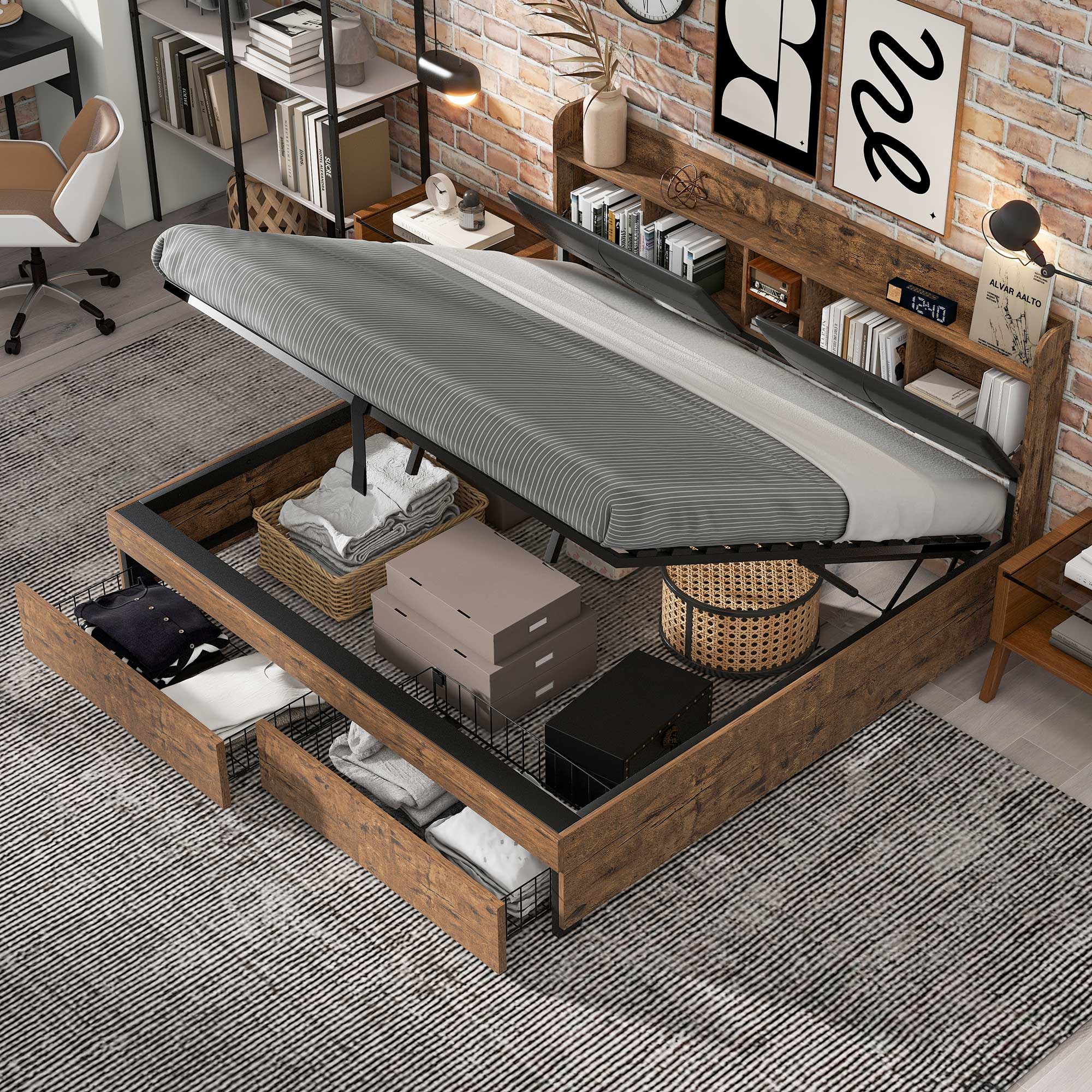 Hydraulic Metal Double Bed with Storage Headboard and Slatted Base, 180x200cm, Wood Color and Black