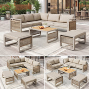 Garden Lounge Chair Set for 6-7 People, Weatherproof Corner Sofa and Lounger, Handwoven Rope and Iron, Beige