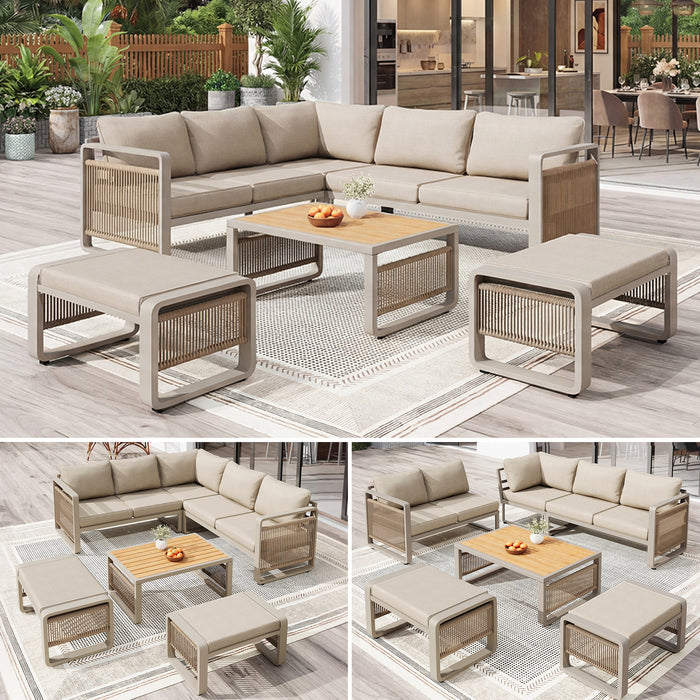 Garden Lounge Chair Set for 6-7 People, Weatherproof Corner Sofa and Lounger, Handwoven Rope and Iron, Beige