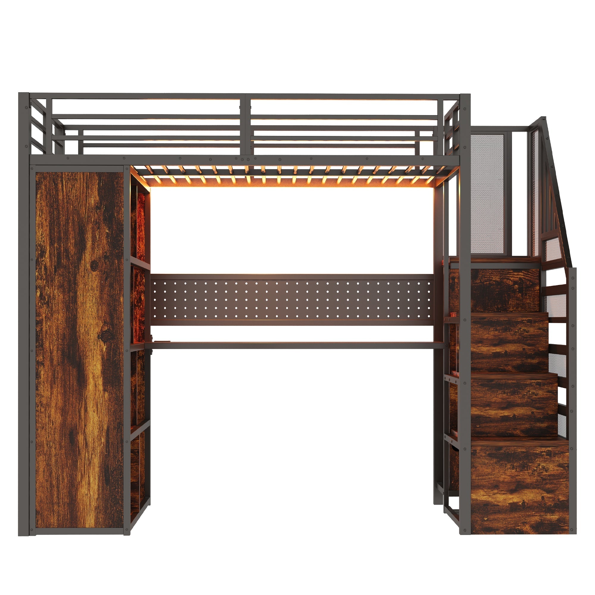 Metal Loft Bed with Wardrobe, Desk and LED Light Strip, Black Metal