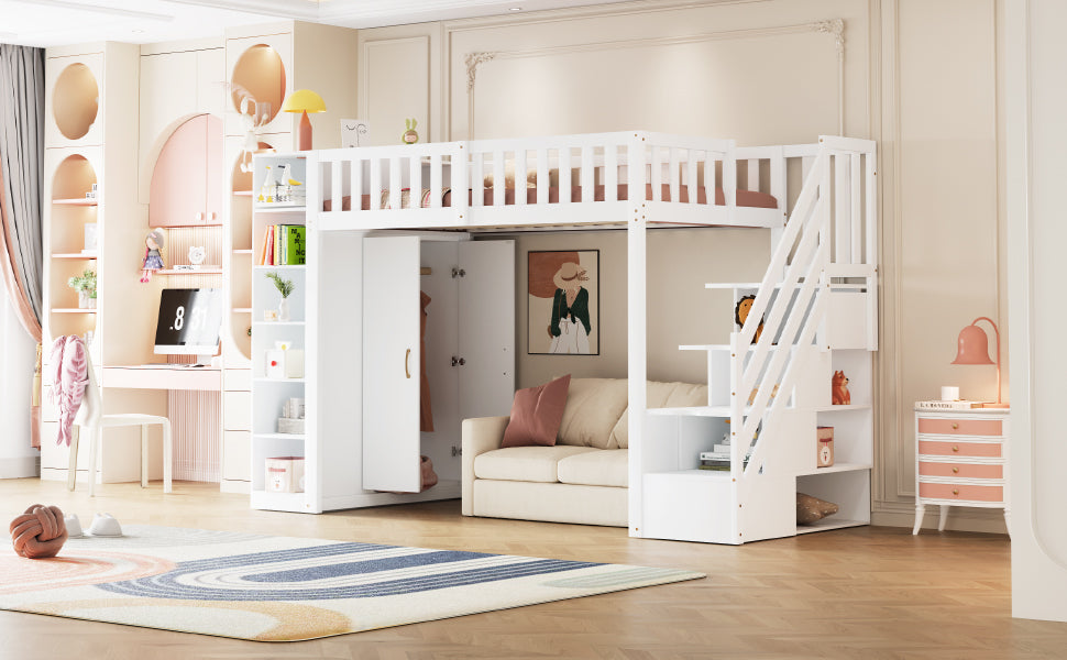 Loft Bed with Storage Stairs, Shelves and Wardrobe, Solid Wood White and Wood Color
