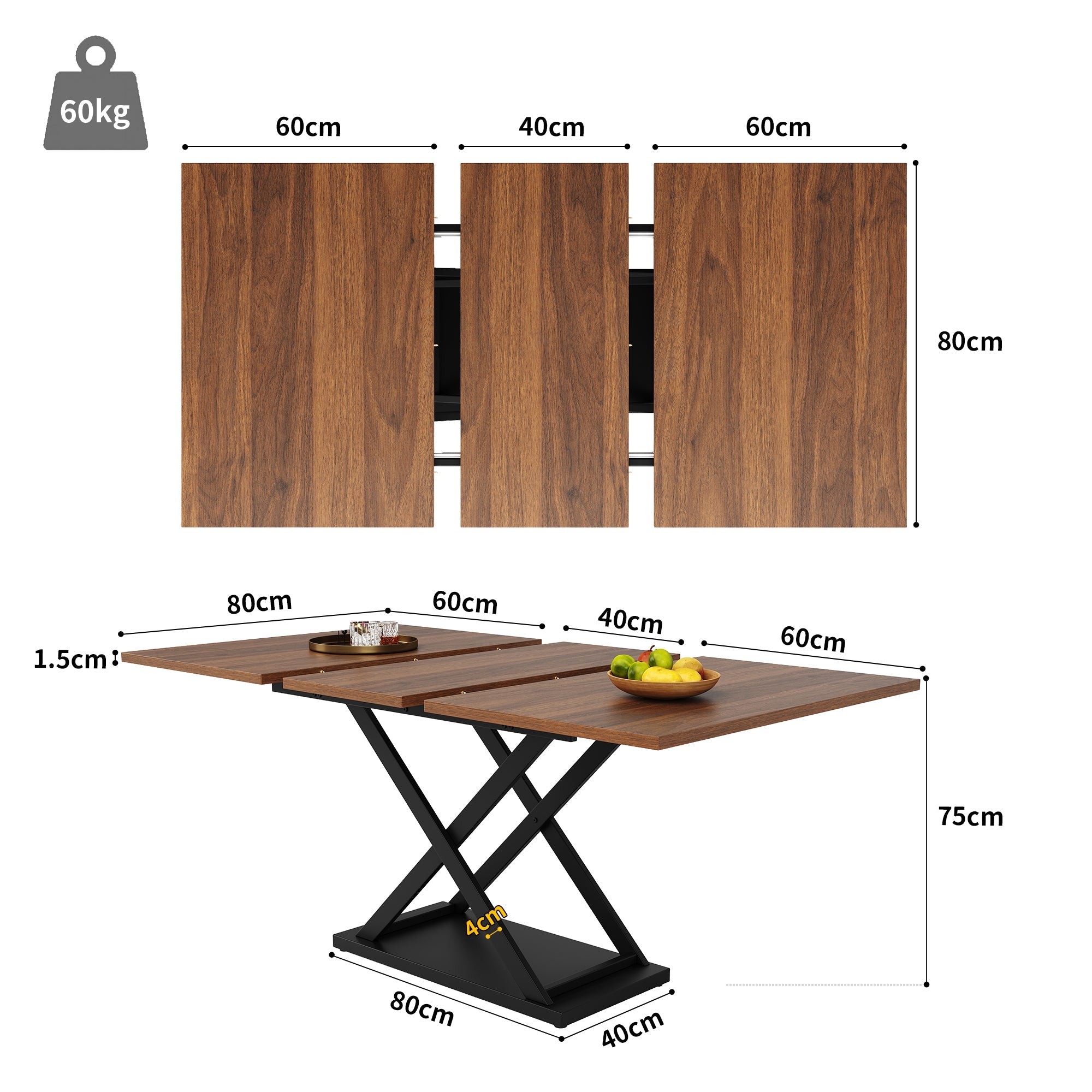 Telescopic Dining Table Extendable 120-160cm Crossed Iron Legs - Walnut
