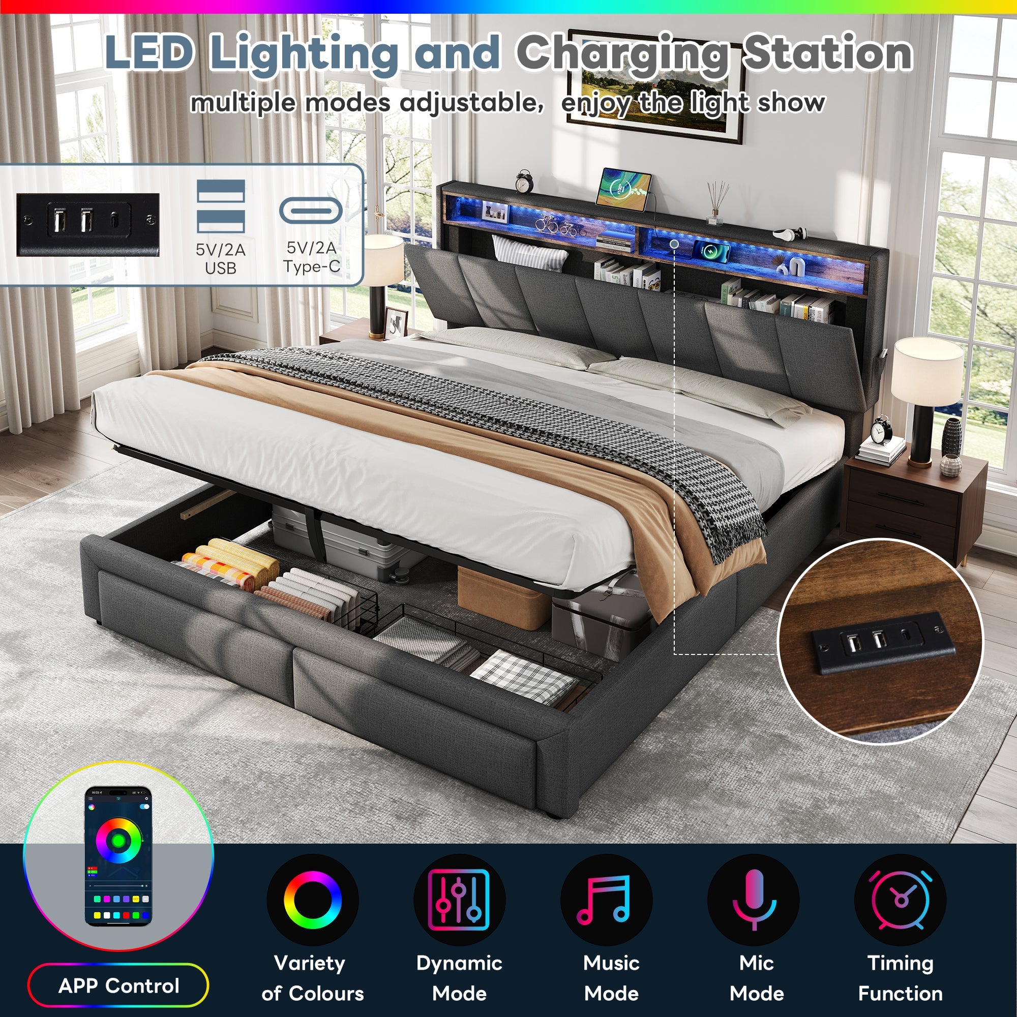 King Upholstered Bed Frame Hydraulic & Drawers Storage, LED Adjustable Headboard, Linen Grey