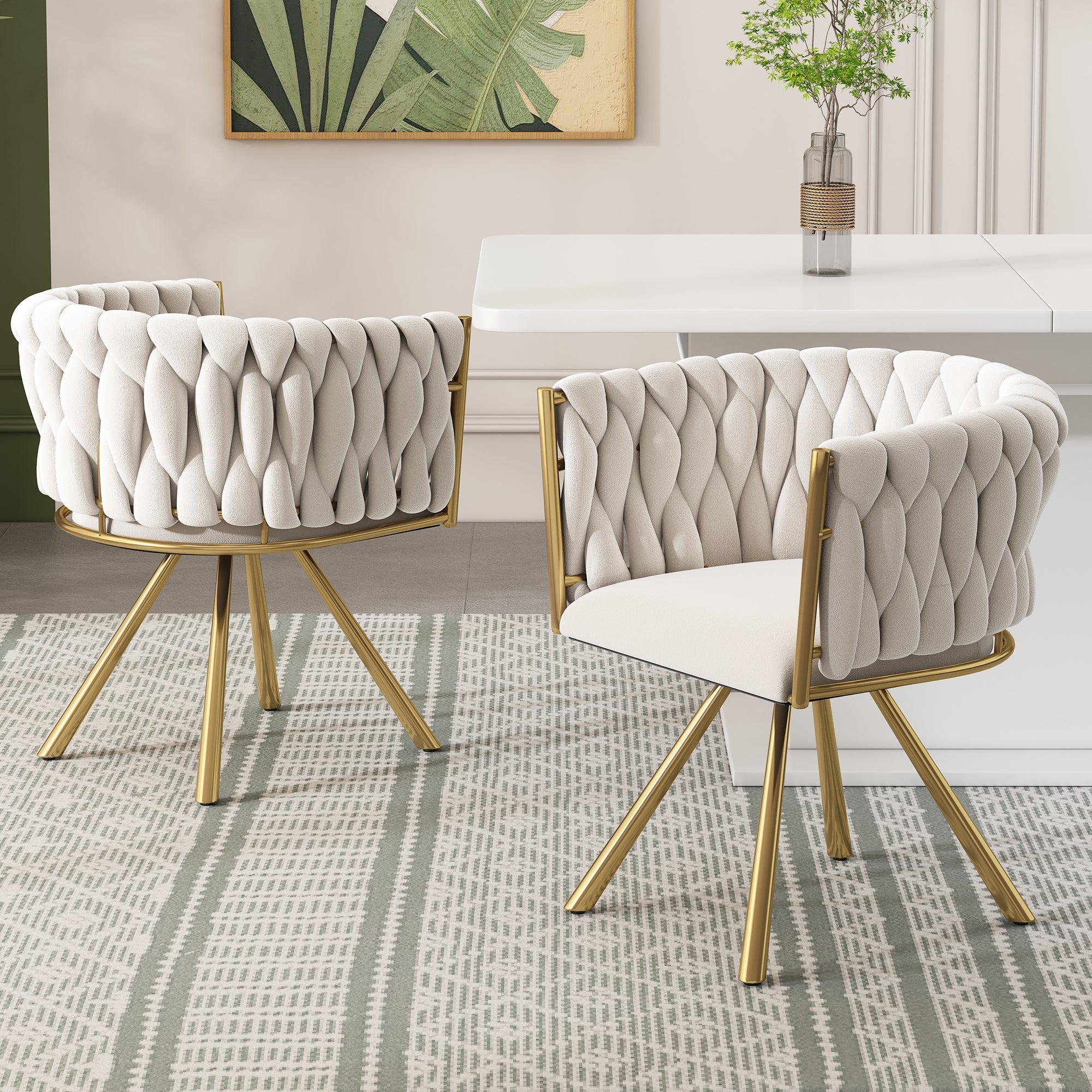 Velvet Swivel Chair Set of 6 Metal Legs - Beige and Gold