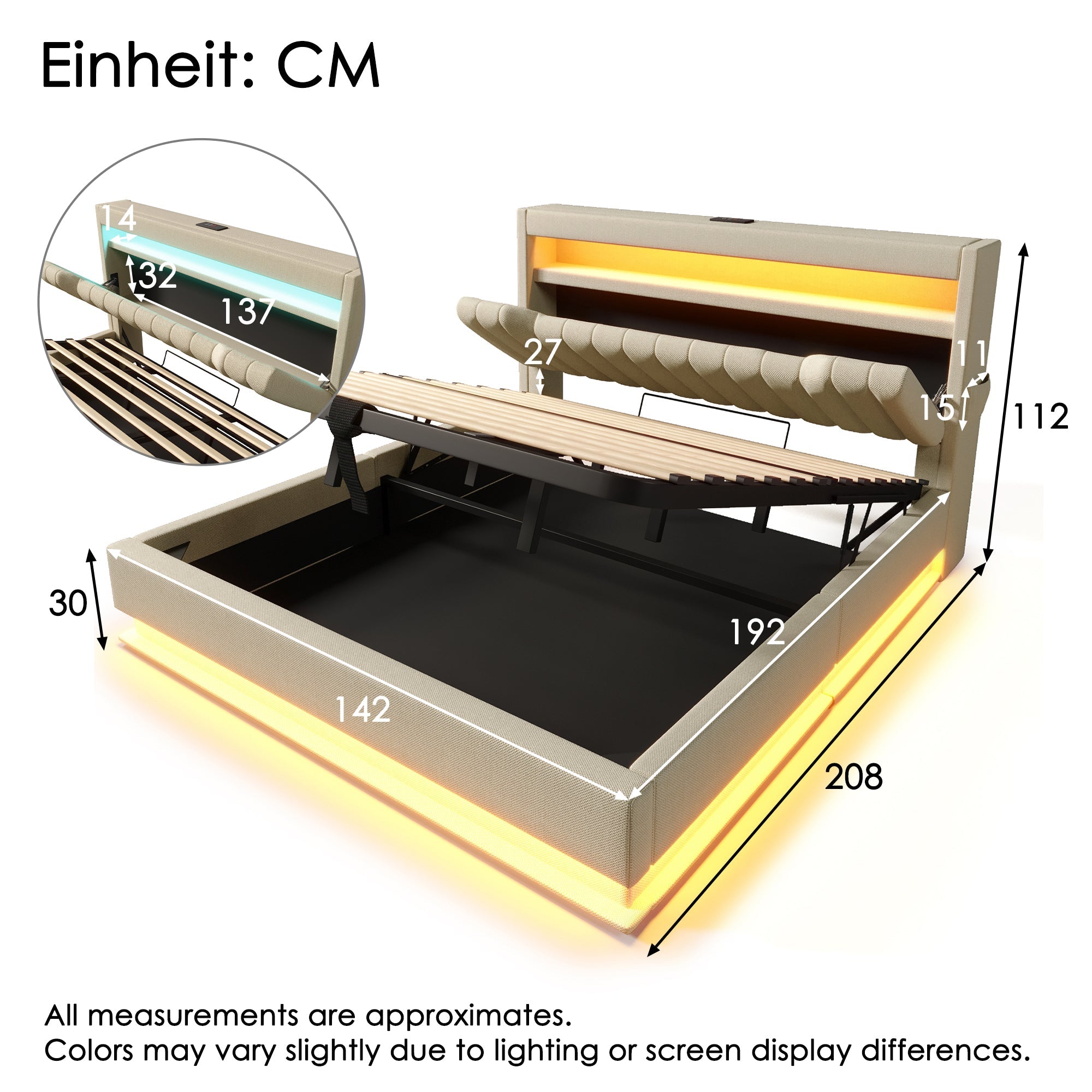 Upholstered Double Bed with Hydraulic Storage, USB, Type-C and LED Lighting, 140x190cm, Beige Linen