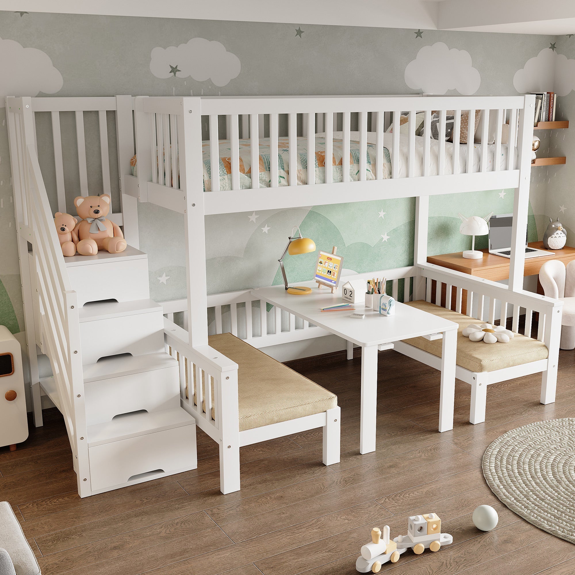 Bunk Bed, Multifunctional Height-Adjustable Table, Storage Ladder & Safety Railing, Pine + MDF + Plywood, White