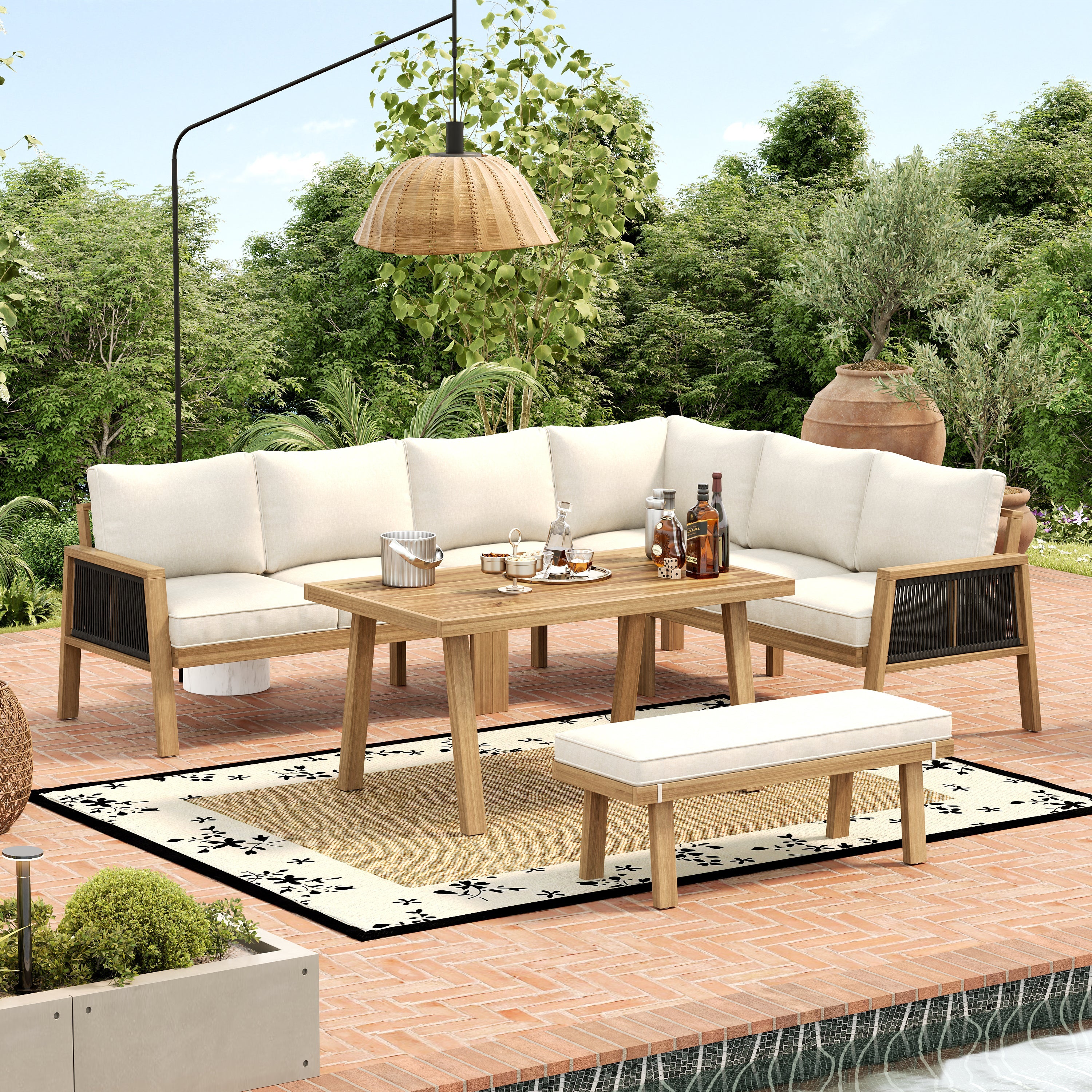 Garden Furniture Set with Corner Sofa and Coffee Table, Acacia Wood and Woven Rope, Natural and Cream