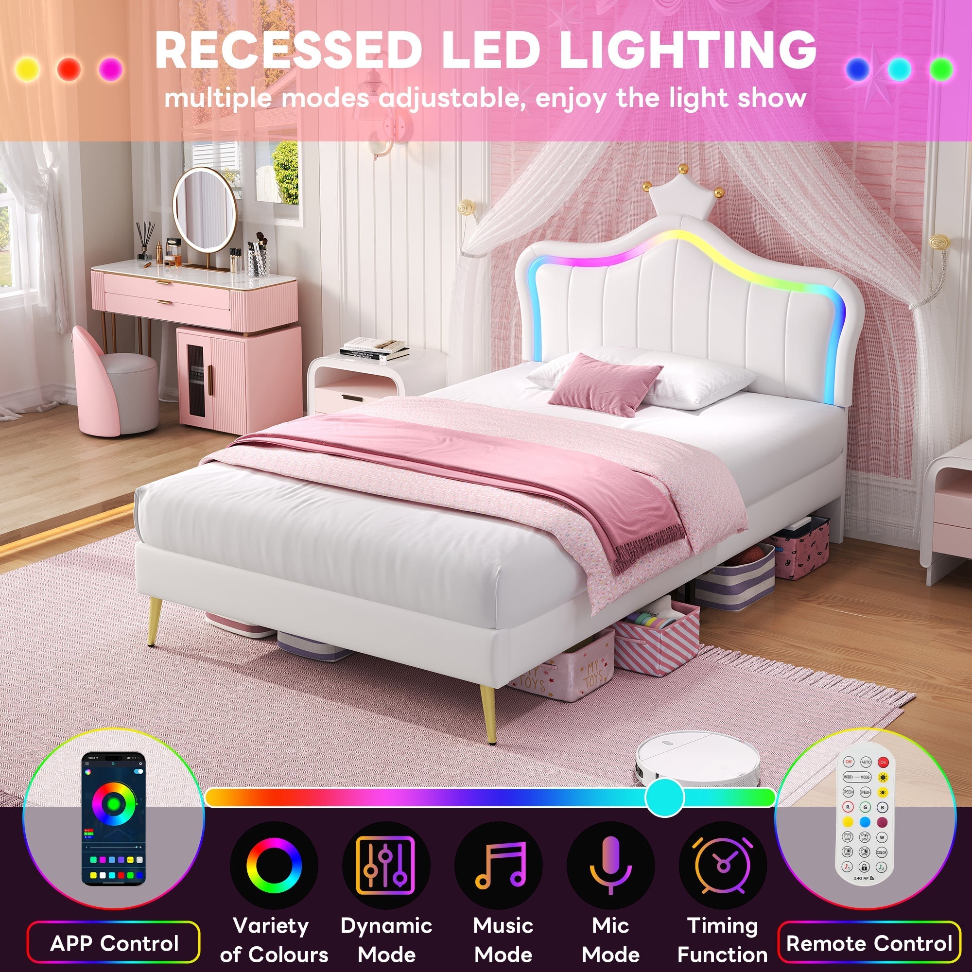 3ft Single Upholstered Bed with LED Adjustable Crown Shape Headboard, Cream White PU Leather